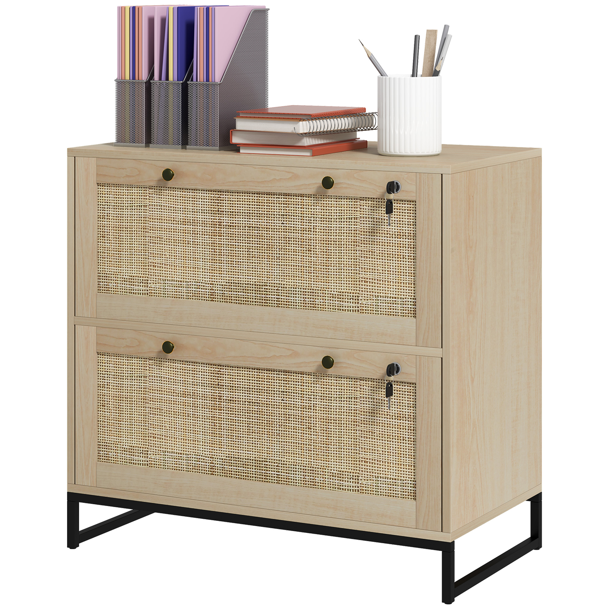 Rattan File Organizer Unit with Adjustable-Height Hanging Bar, 2-Organizer Drawer Document Organizer Unit with Locking, Natural 1