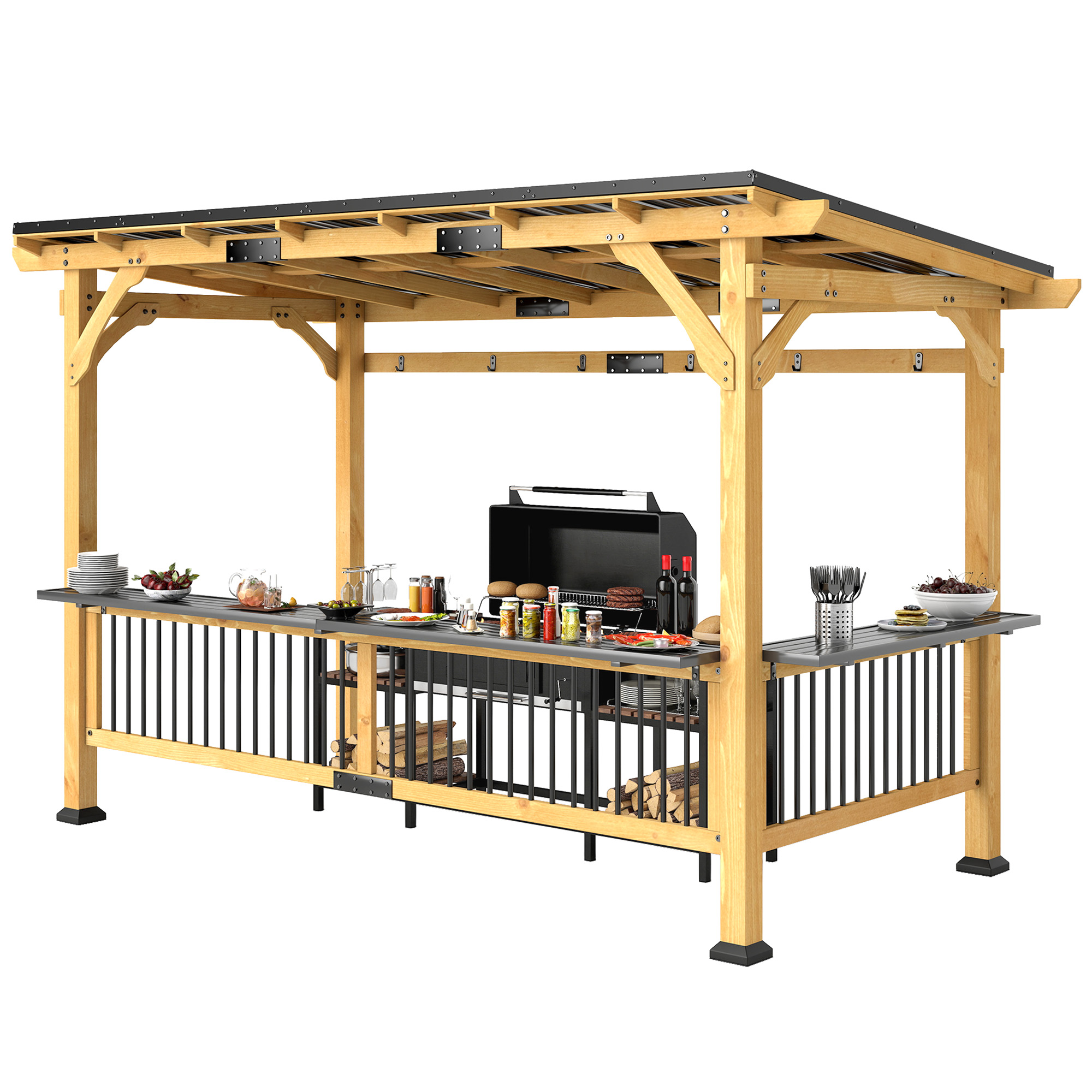 Outsunny 13' x 6' Wooden BBQ Grill Gazebo, Outdoor Hardtop