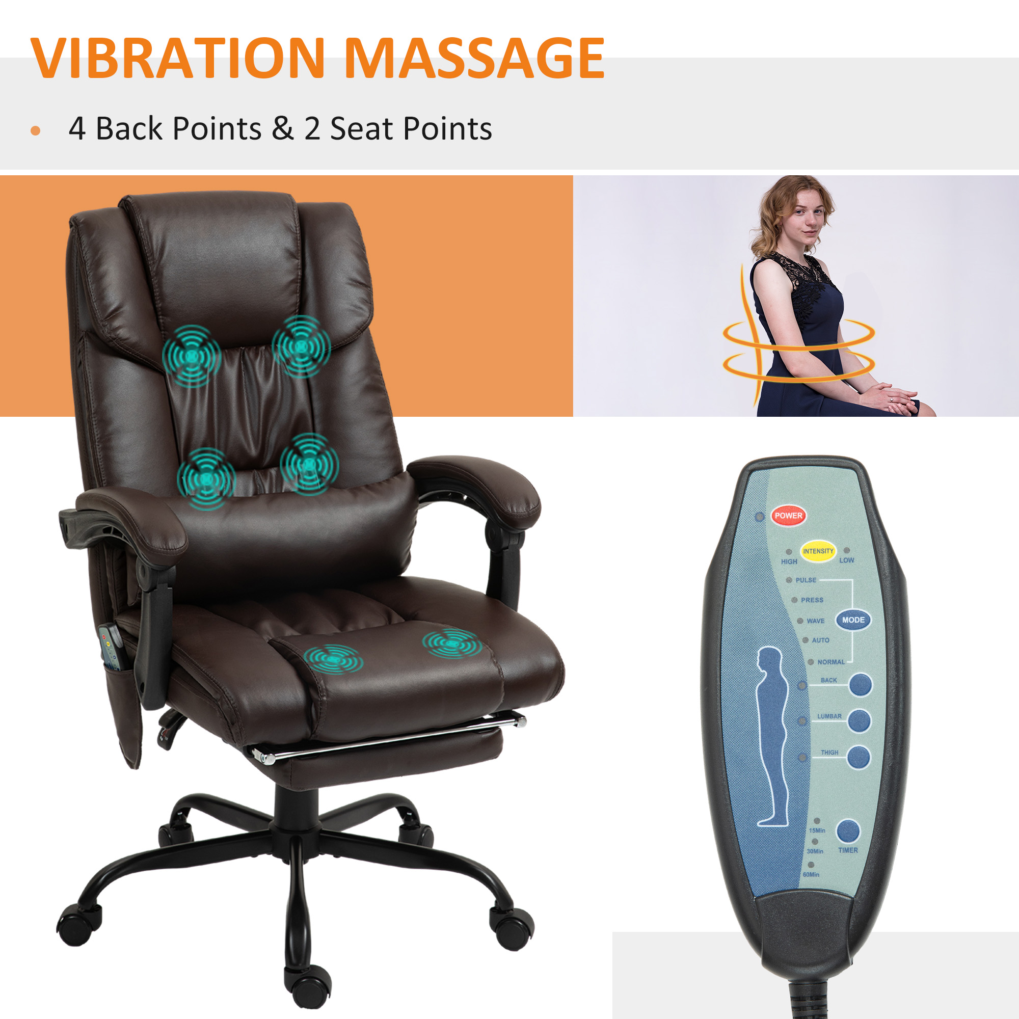 Vinsetto High Back Vibration Massage Office Chair with 6 Points, Height Adjustable Reclining Office Chair with Retractable Footrest and Remote, Brown
