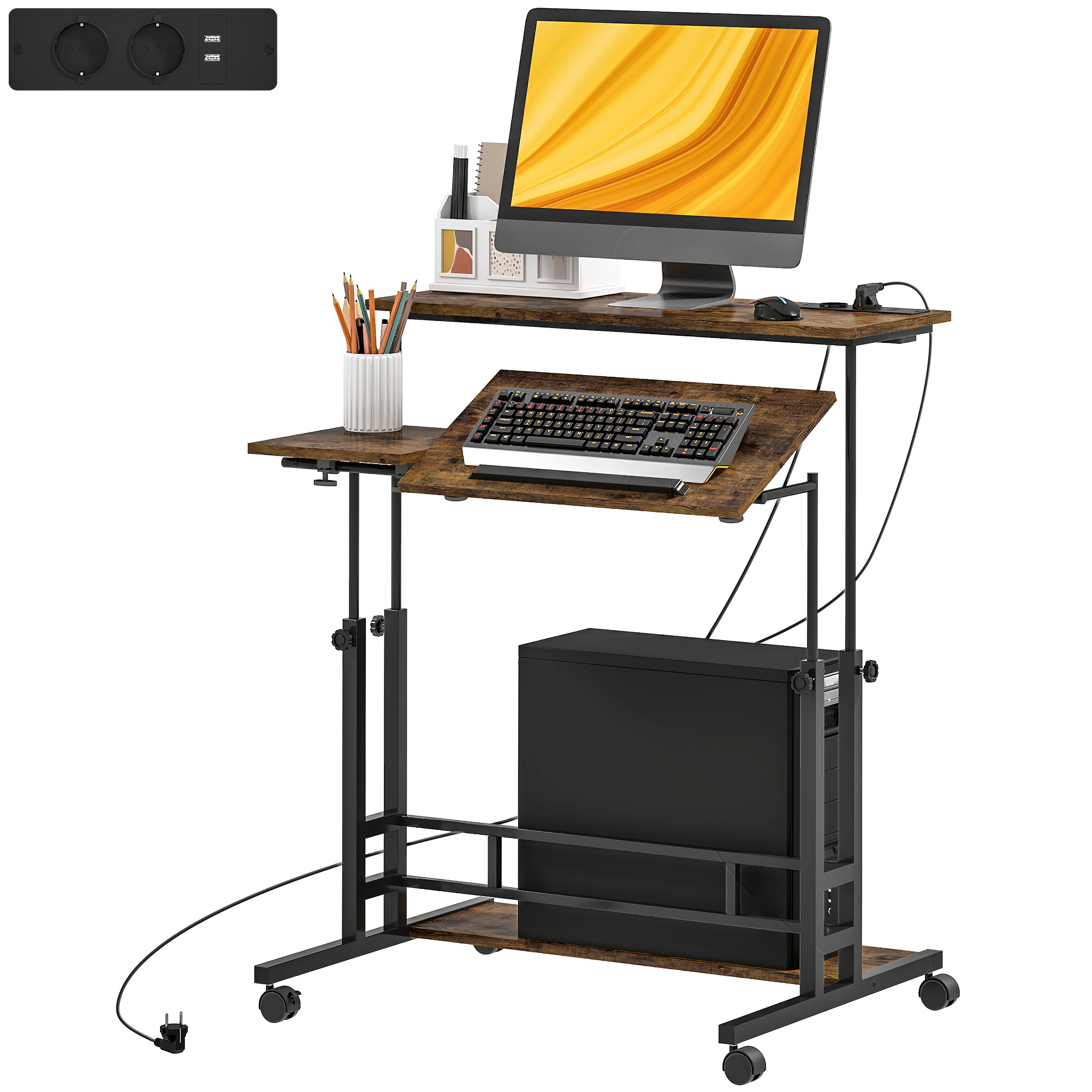 HOMCOM Adjustable Standing Desk with Power Outlets, Stand Up Desk with Tiltable Tabletop, Wheels, Shelf, for Home Office, Brown