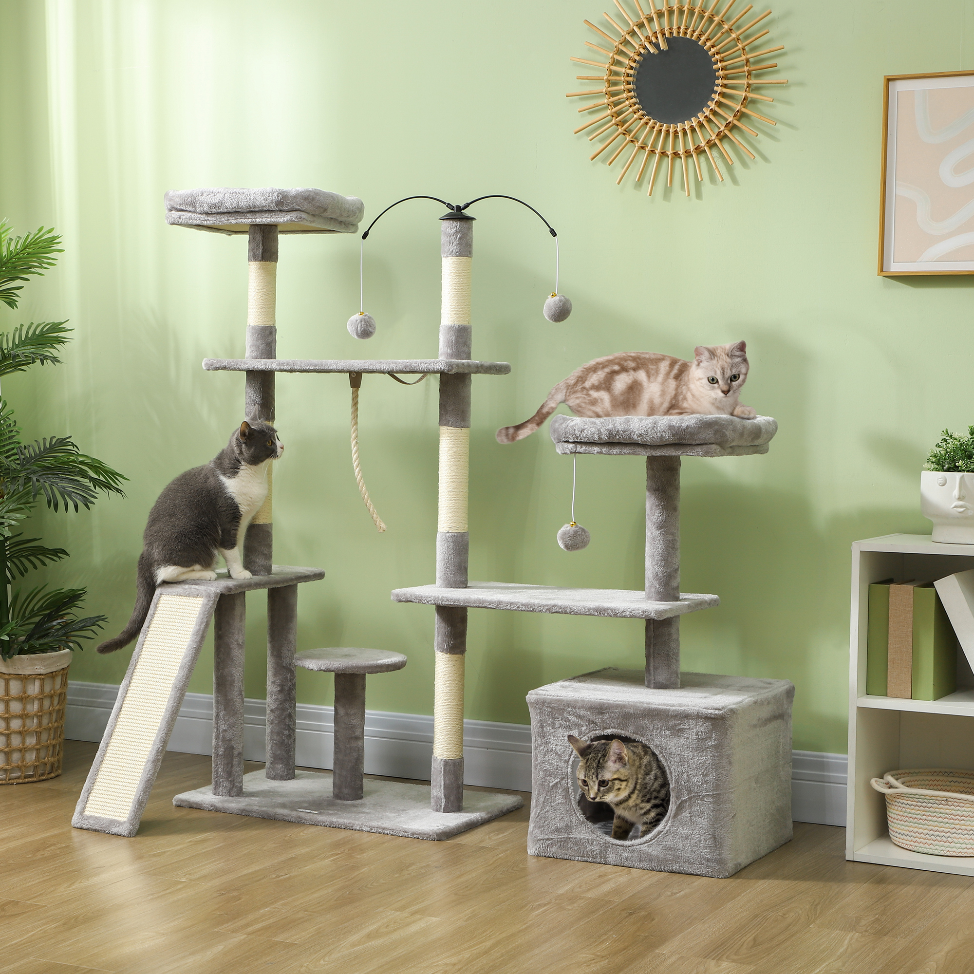 PawHut 53" Cat Tree, Cat Tower with Scratching Posts, Cat Condo, Beds, Platforms, Toy Balls for Indoor Cats, Light Grey Aosom Canada