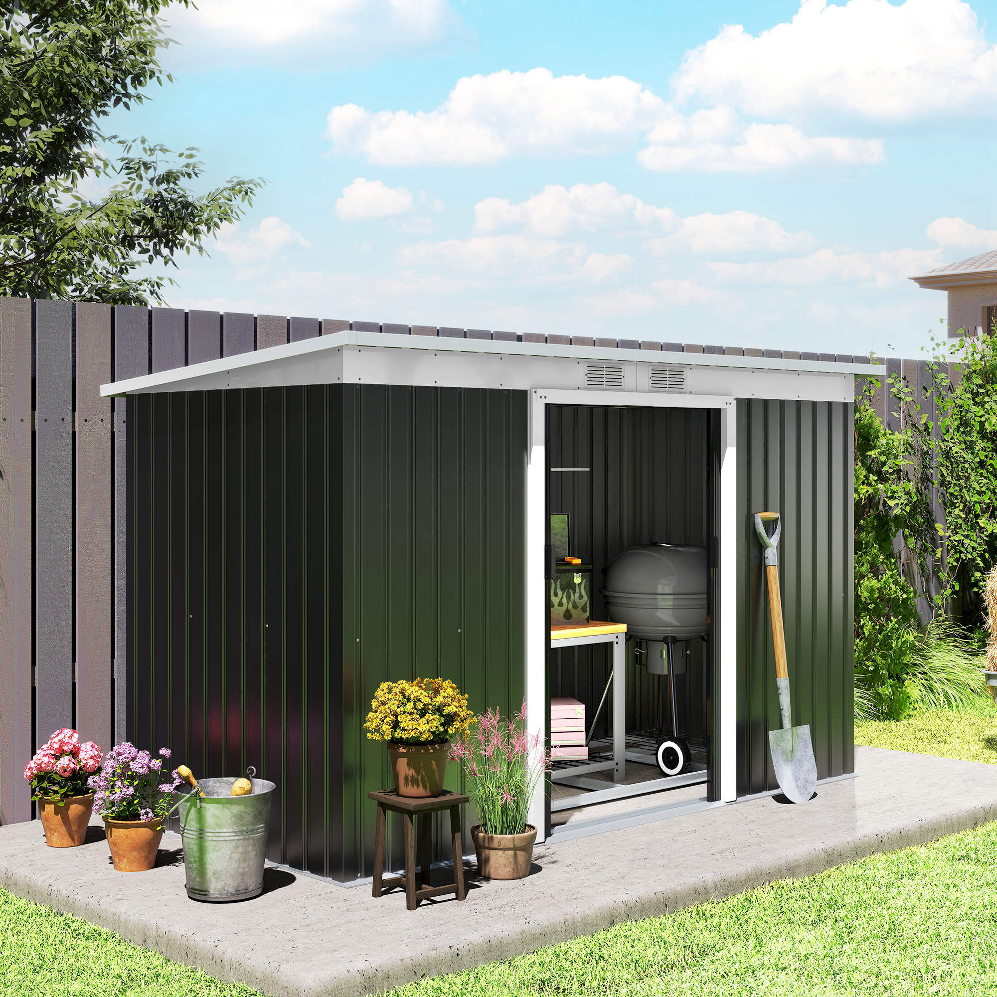 Outsunny 9x4 Metal Garden Storage Shed Sliding Door Tool House Heavy Duty Outdoor Backyard Lawn Shed Dark Grey Aosom Canada