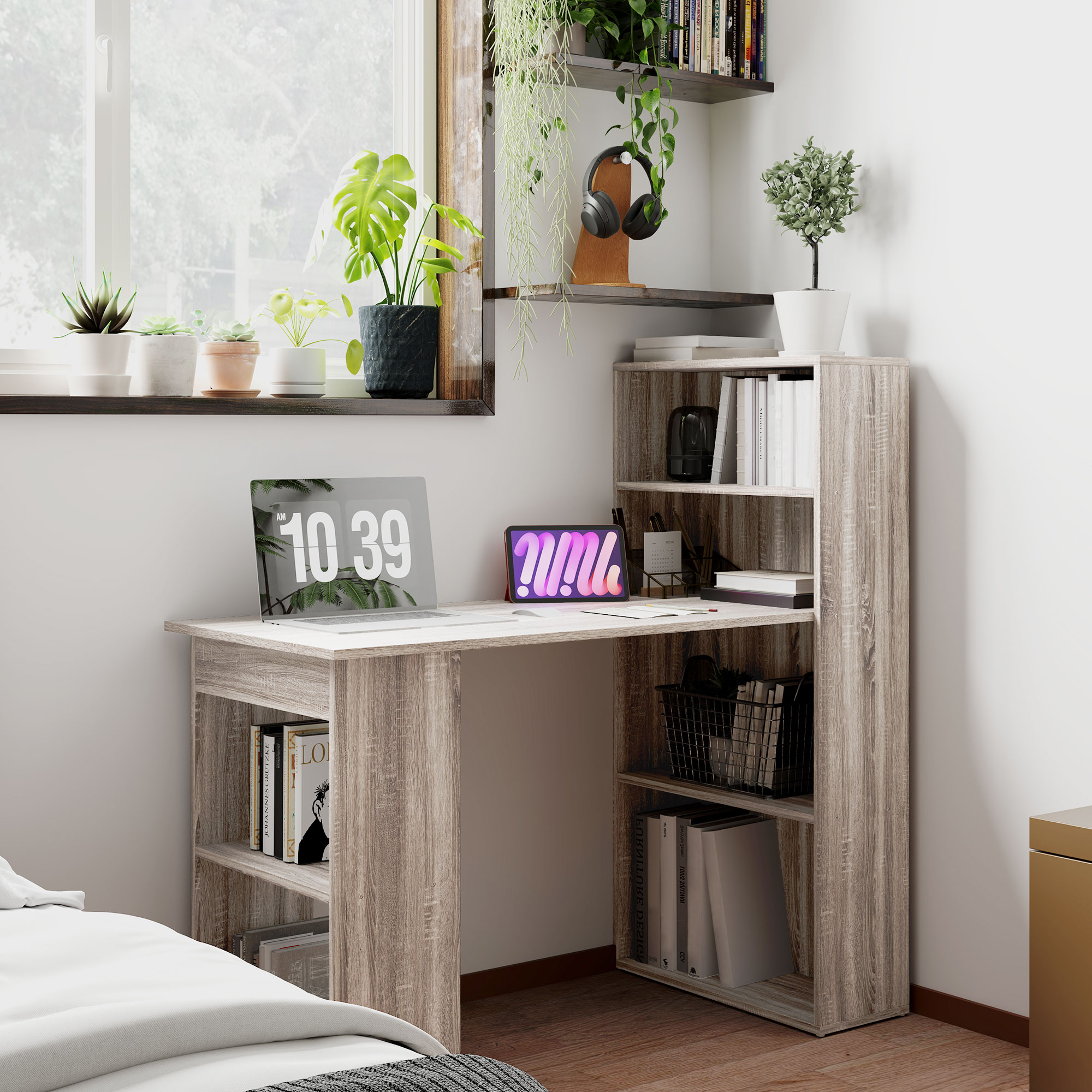 HOMCOM Computer Desk with Storage Bookshelf for Home Office Study Workstation Space Saving Furniture Grey Aosom Canada