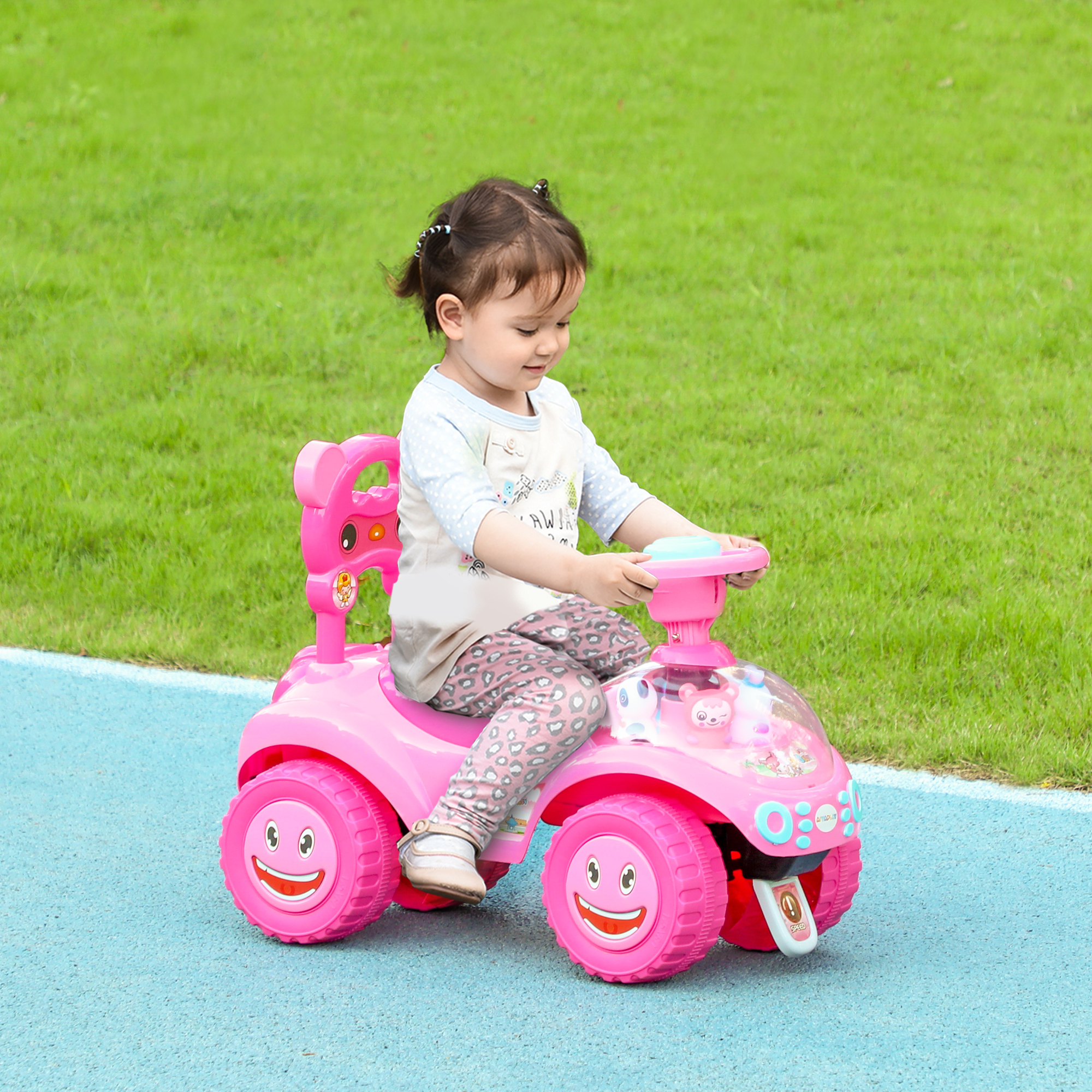 Qaba Toddlers Push Car with Horn, Light, Music, Anti-Over-Backwards Device, Steering Wheel, Under Seat Storage, Pink Aosom Canada