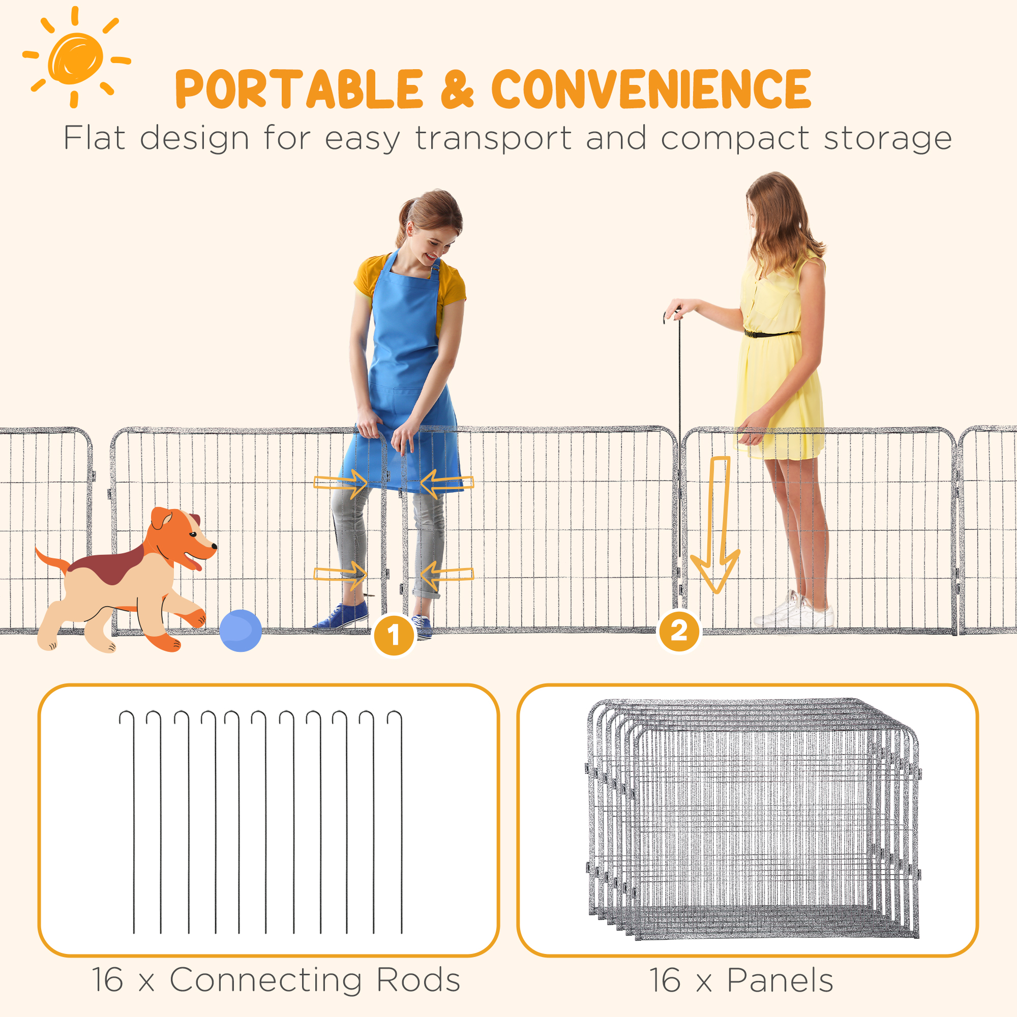 PawHut Heavy Duty Pet Playpen, 16 Panels Steel Dog Fence, Portable