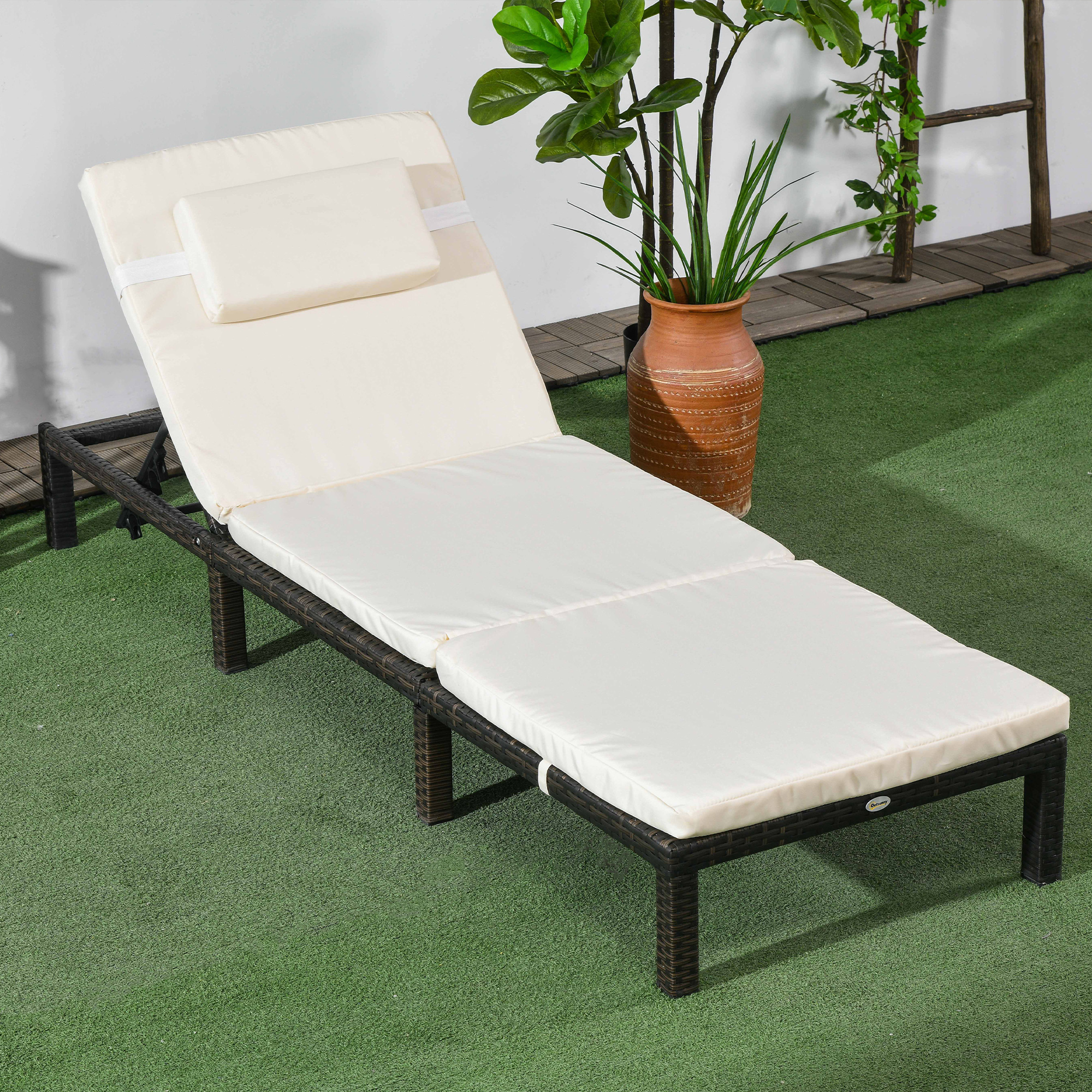 Outsunny Outdoor Chaise Lounge Patio Lounger 5-Level Adjustable Backrest Headrest Poolside Garden Backyard Cream White Color | Aosom Canada