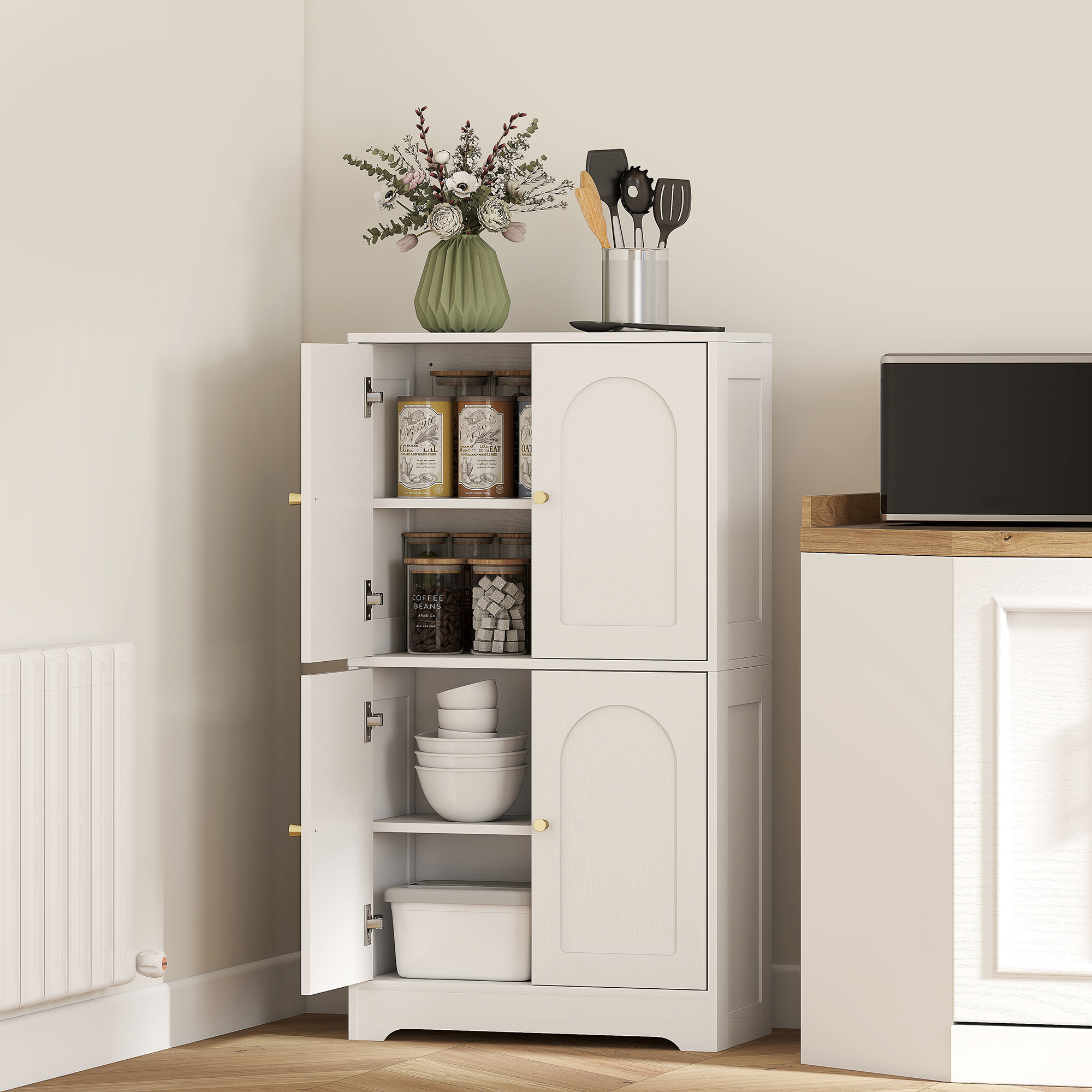 HOMCOM 43" Kitchen Pantry Cabinet, Freestanding Modern Storage Cabinet with 4 Arched Doors and 2 Adjustable Shelves, White Aosom Canada