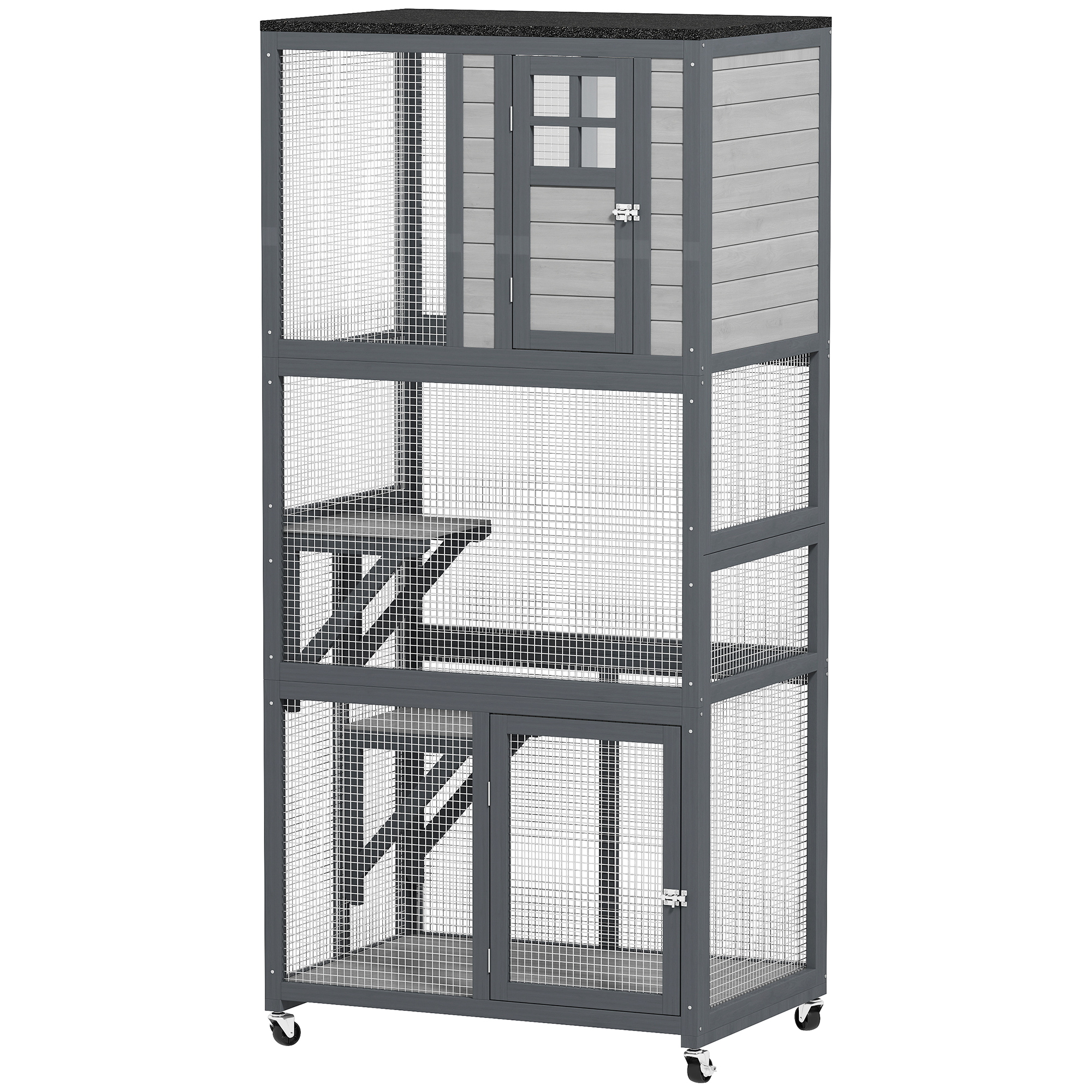 PawHut 74" Wooden Outdoor Cat House Catio with High Weight Capacity, Cat Cage Condo, Light Gray | Aosom.com