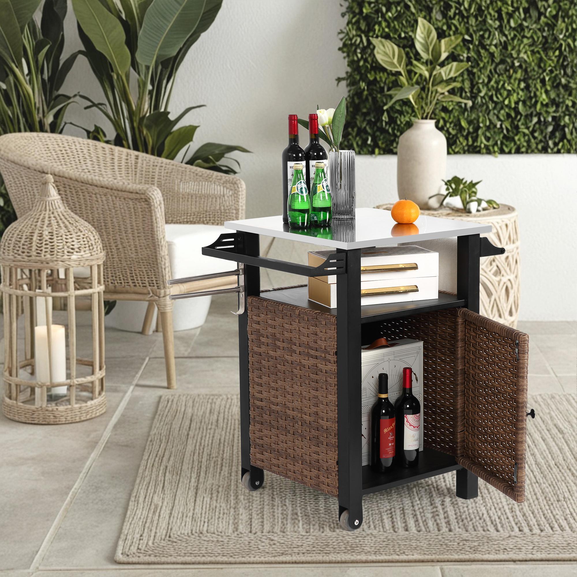 Outdoor Wicker Island Rolling Cart with Storage Cabinet, Expandable Shelf and Tabletop, Wine Glass Rack, 30" L x 22.5" W x 33.5" H, Brown
