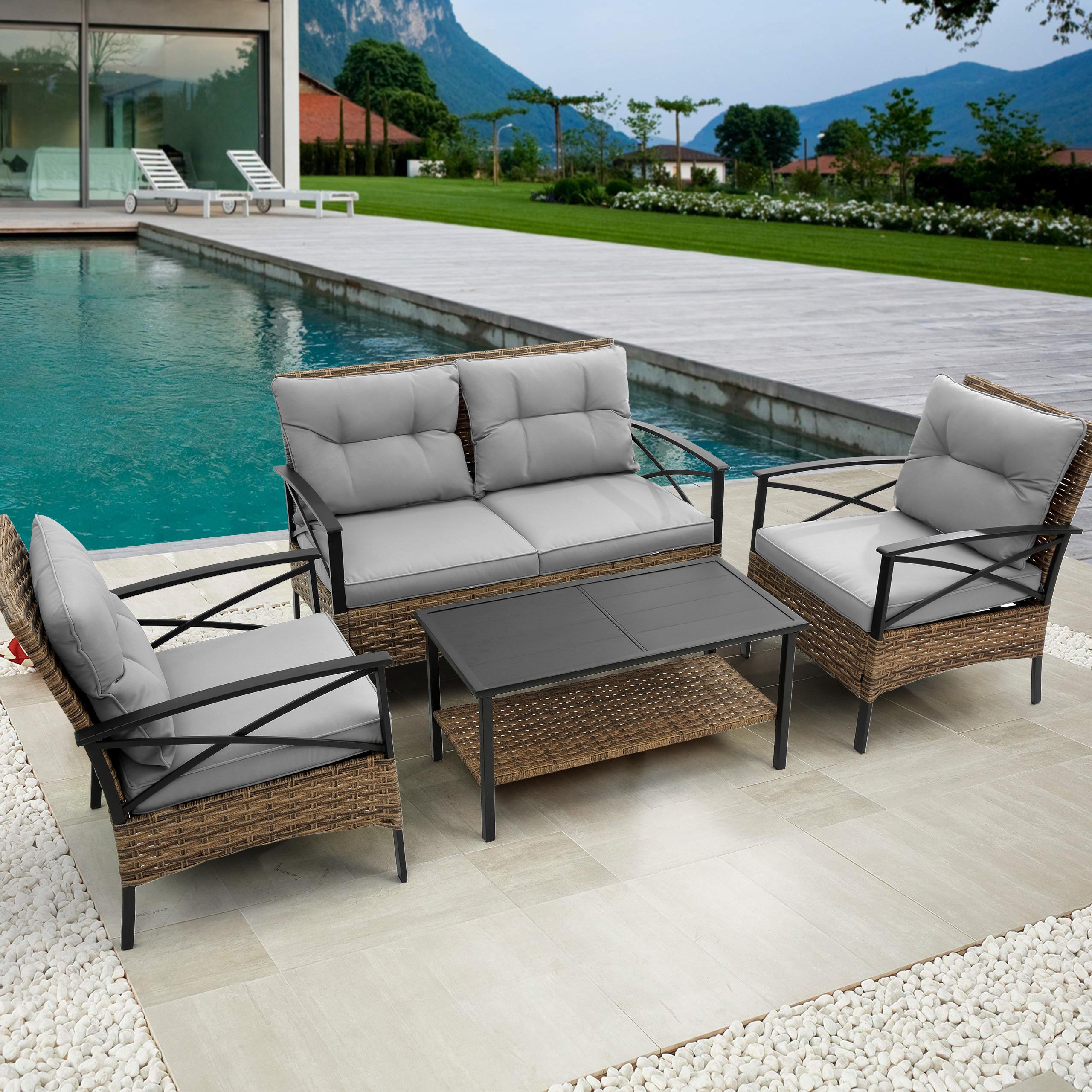 4-Piece Patio Sectional Sofa Set with Cushions and Steel Table, Outdoor Rattan Wicker Conversation Set , 47.5" L x 29.5" W x 31.5" H, Gray