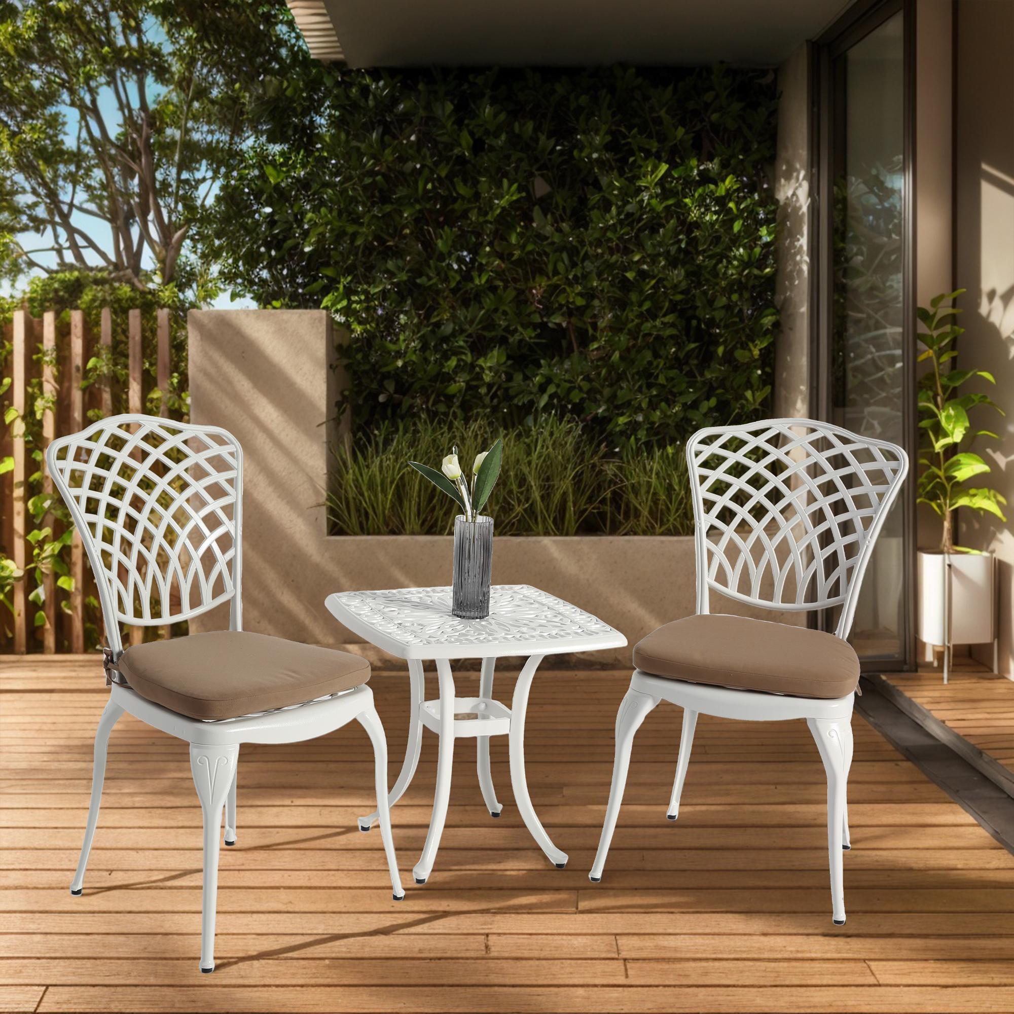 3-Piece Bistro Set with Cushions, Includes 2 Chairs and 1 Round Table, Rustproof Cast Aluminum Patio Furniture for Garden, Patio, Balcony, White