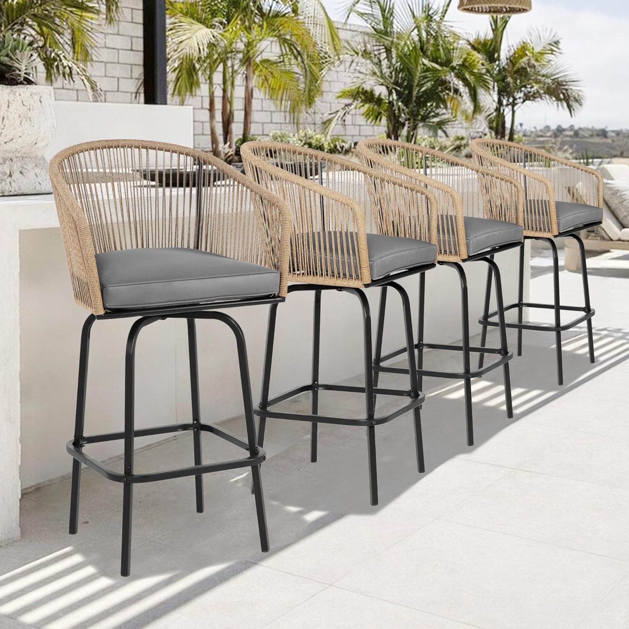 Set of 4 Outdoor Bar Stools with Armrests and Backrest, All Weather PE Rattan Bar Chairs with Steel Frame, 23" L x 17.5" W x 44" H, Gray