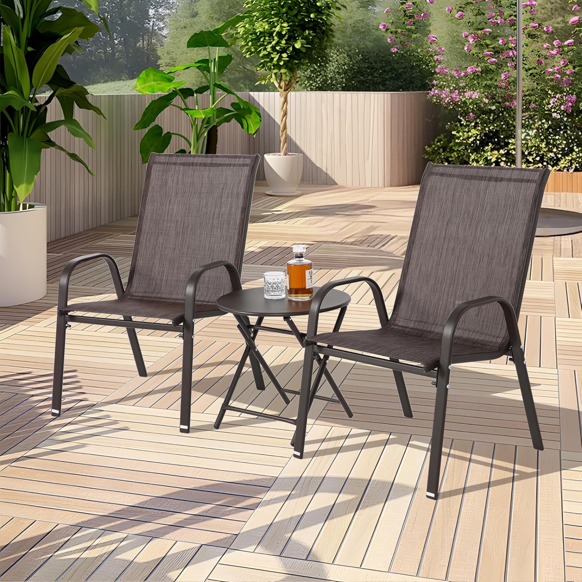 4-Piece Patio Chairs Set with Breathable Textilene Fabric, Armrests and Backrest, Camping Chairs for Garden, Pool, 24.5" L x 24.5" W x 38" H, Brown