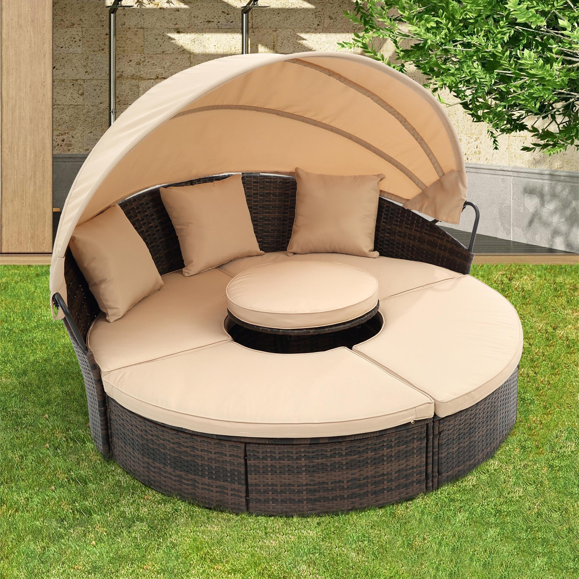 Outdoor Wicker Sofa Bed with Retractable Canopy, All-Weather Rattan Daybed with Washable Cushions and Lift Coffee Table, 64" L x 64" W x 55" H, Beige+