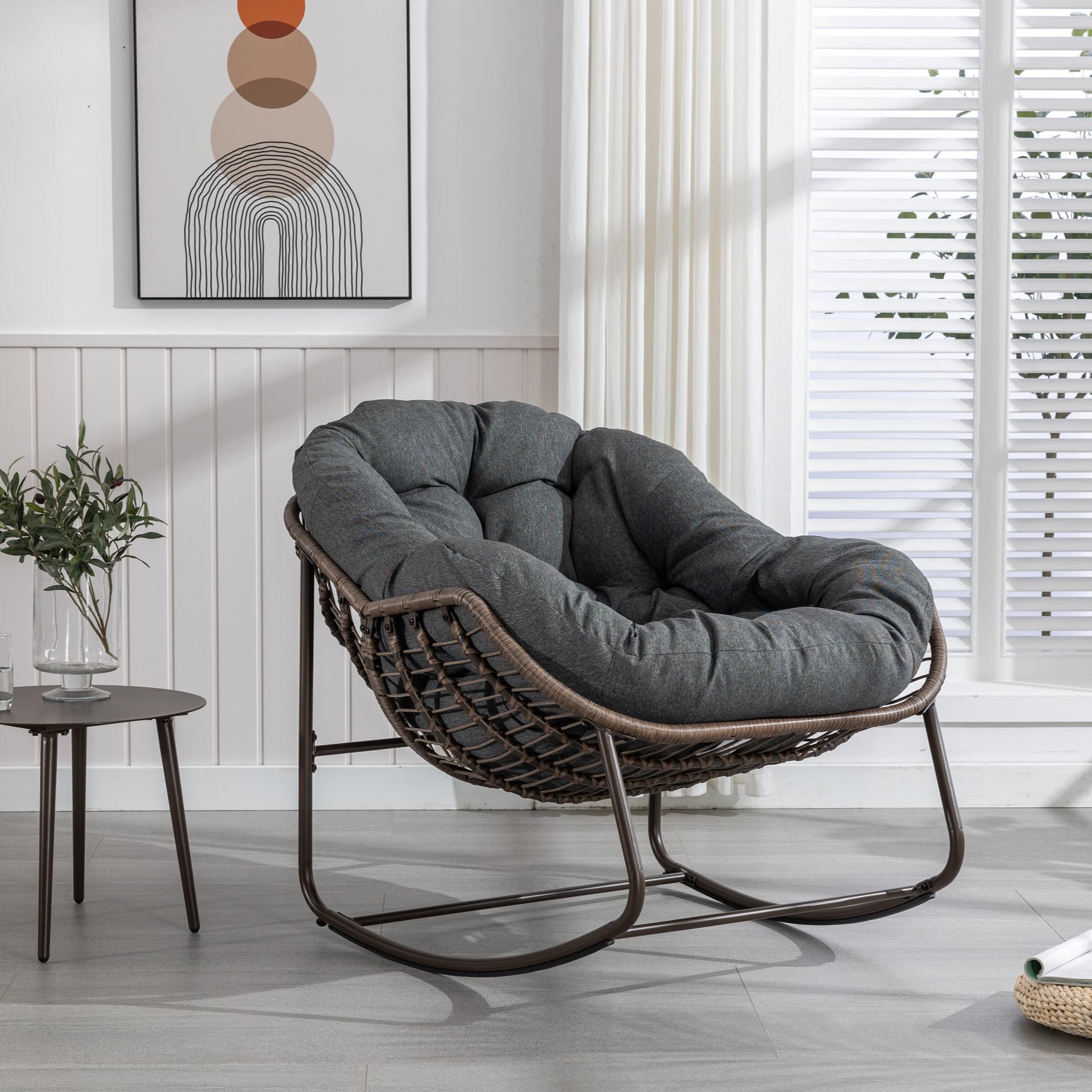 Outdoor Rattan Rocking Chair with Padded Cushion, Hand-Woven Recliner, Ergonomic Design, Steel Frame, 44" L x 37" W x 31.5" H, Gray
