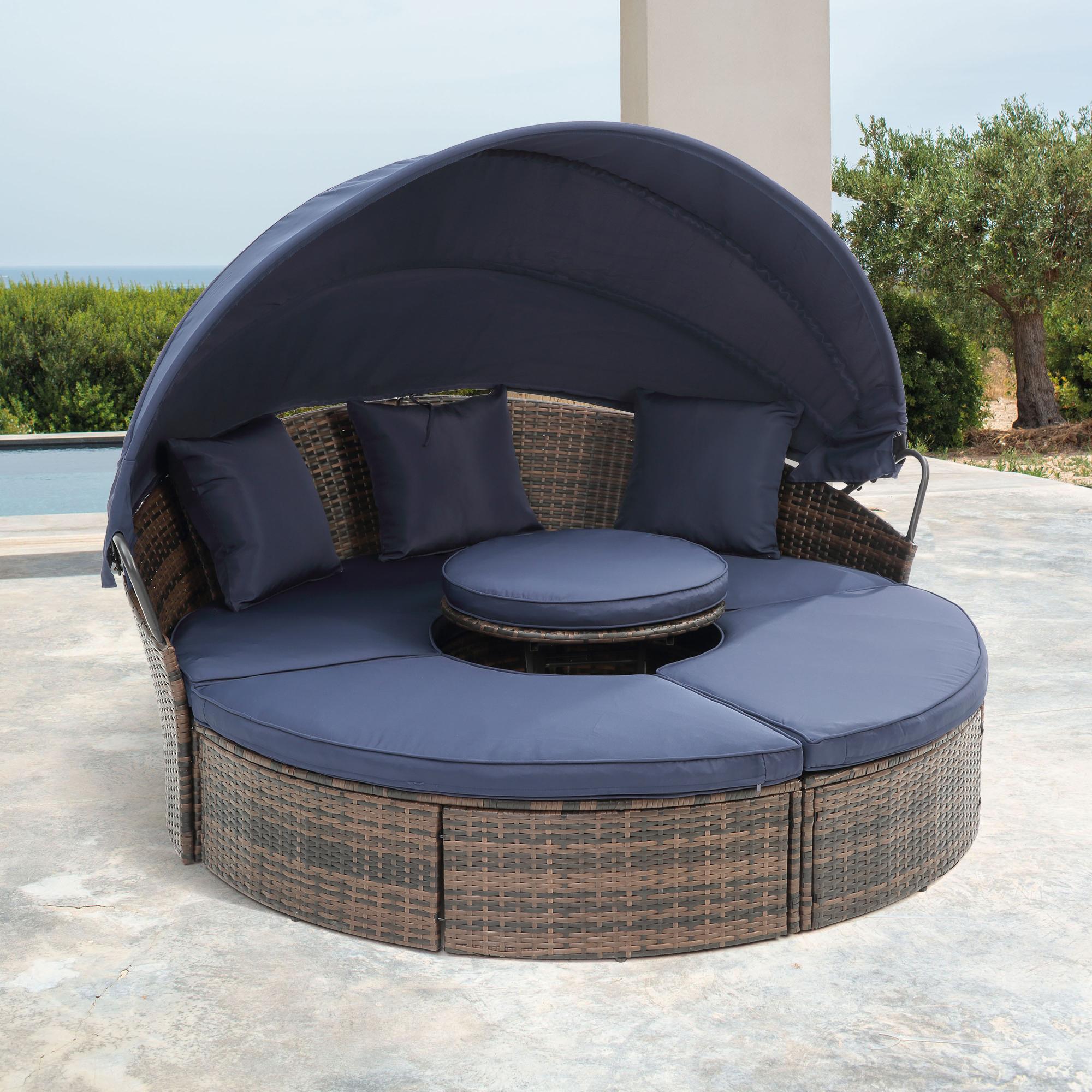 Round Outdoor Daybed with Retractable Canopy, Wicker Sofa Bed with Lift Coffee Table and Washable Cushions, 64" L x 64" W x 55" H, Navy Blue+Black