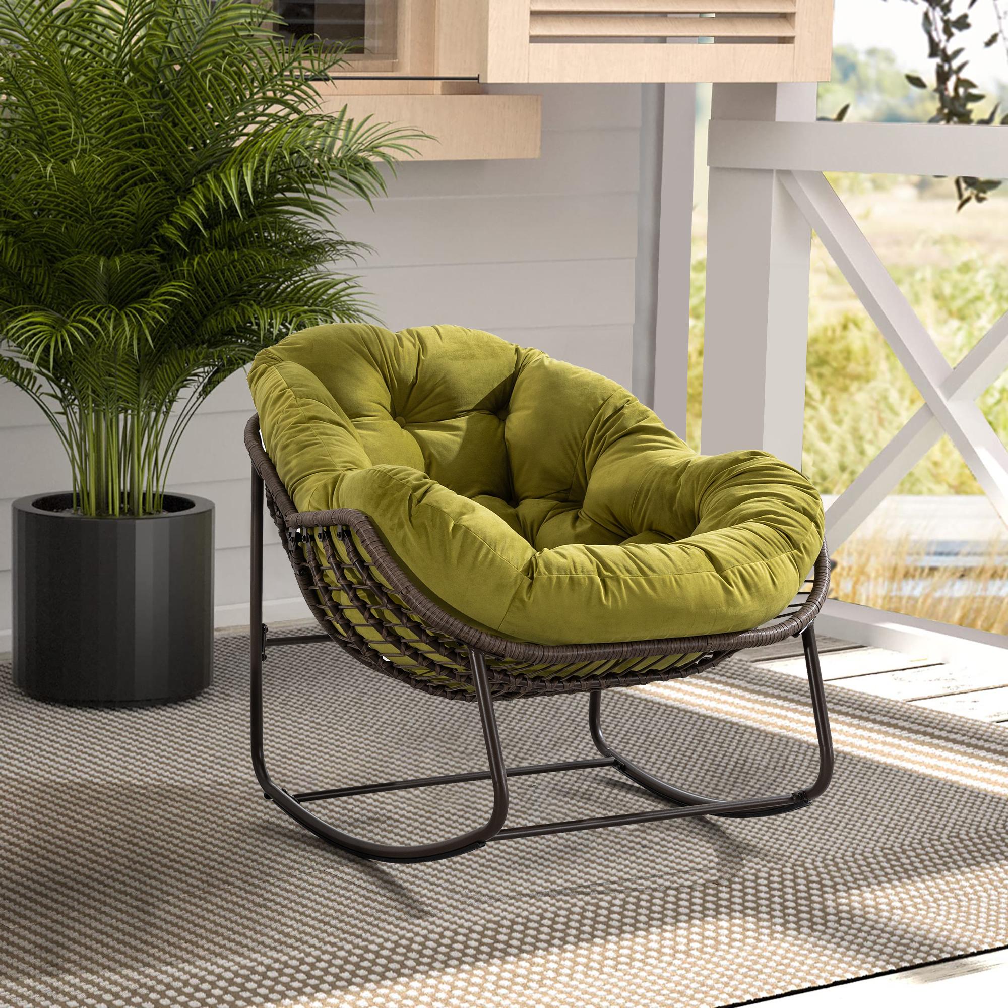 Outdoor Rattan Rocking Chair with Padded Cushion, Oversized Recliner Rocker for Porch, Patio, Living Room, Garden, 44" L x 37" W x 31.5" H, Olive