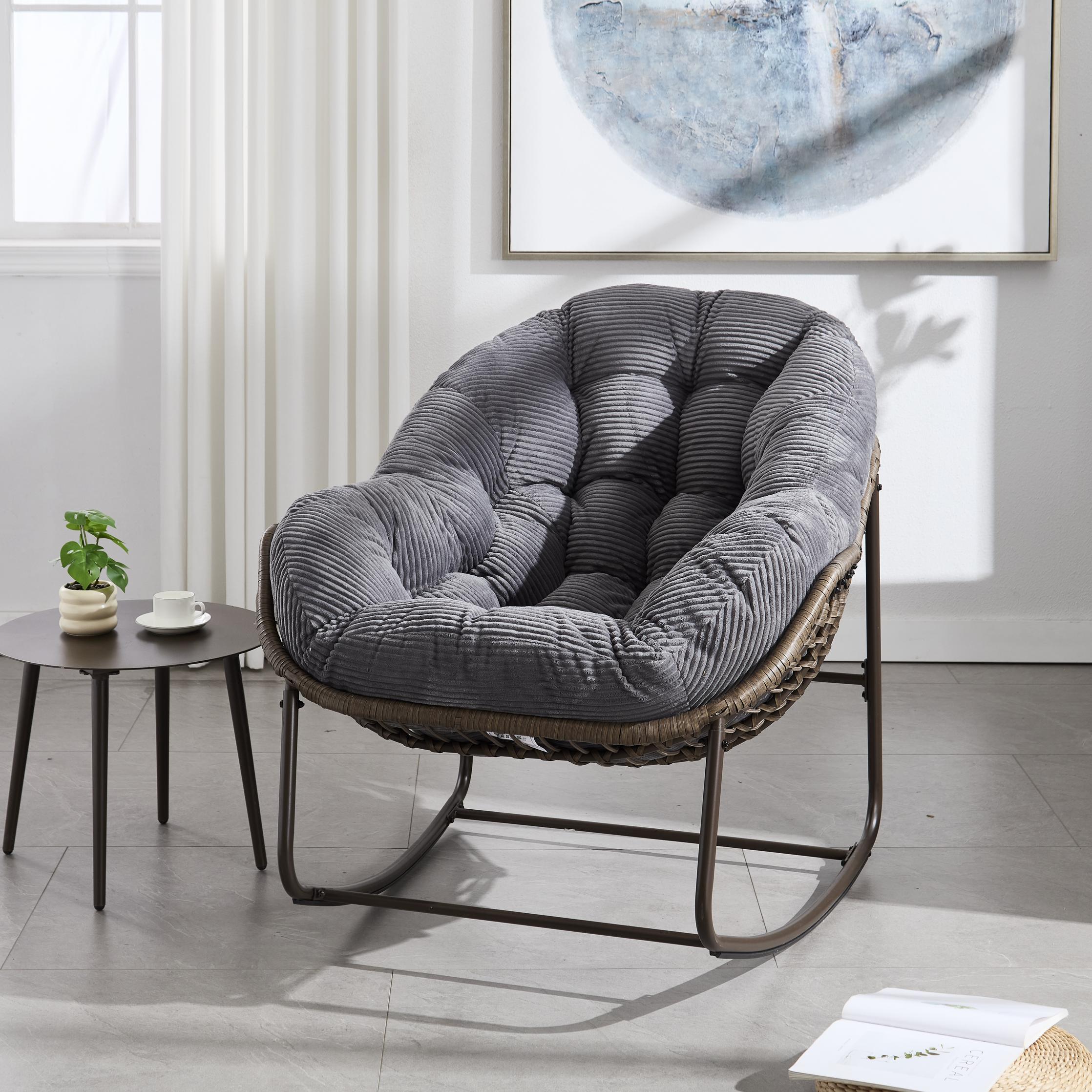 Oversized Outdoor Rattan Rocking Chair with Padded Cushion, Steel Frame, Ergonomic Recliner with Hand-Woven, 44" L x 37" W x 31.5" H, Grey| Aosom.com