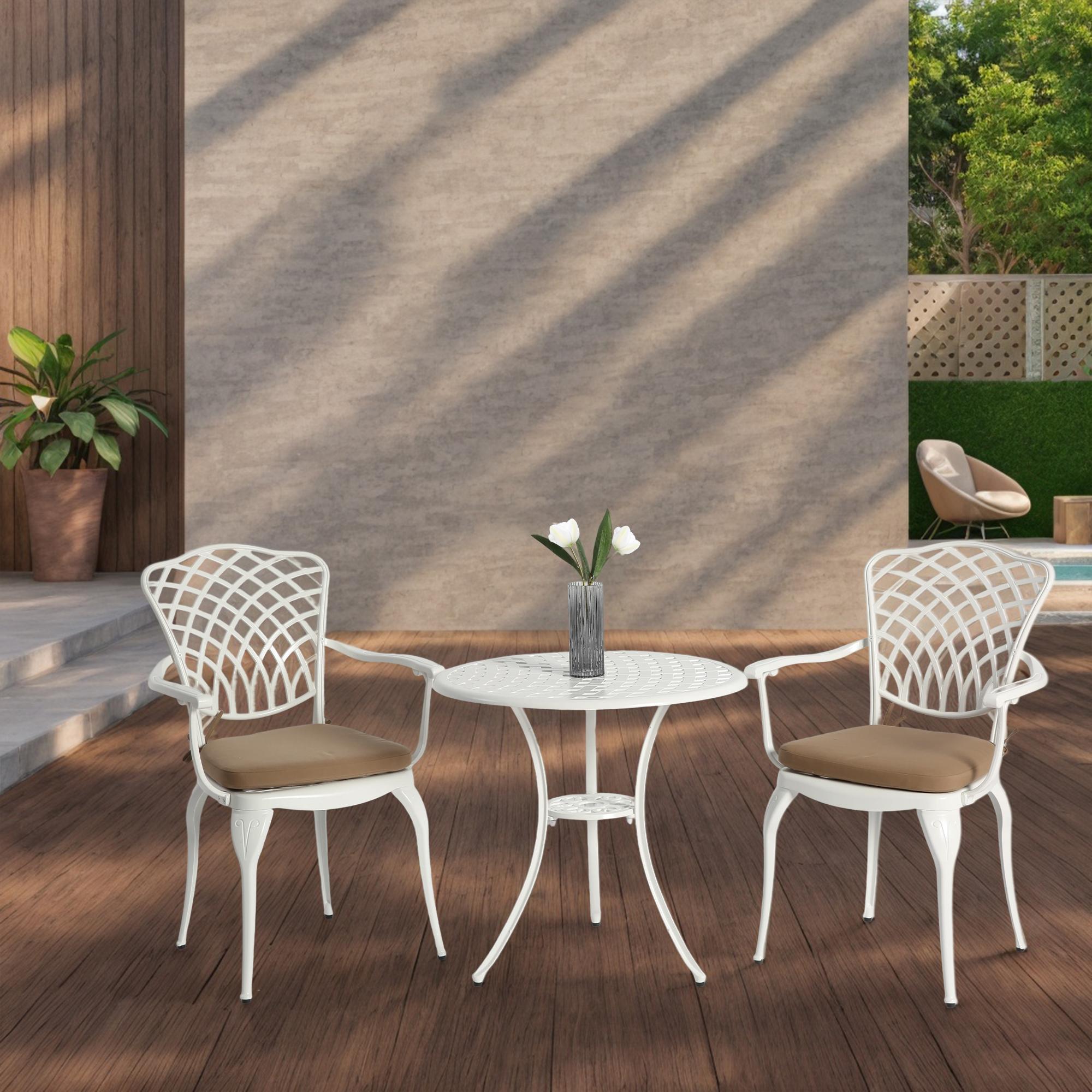 3-Piece Patio Bistro Set with Cushions, Umbrella Hole, Adjustable Foot Caps, All-Weather Cast Aluminum Table and Chairs for Garden, Balcony, White