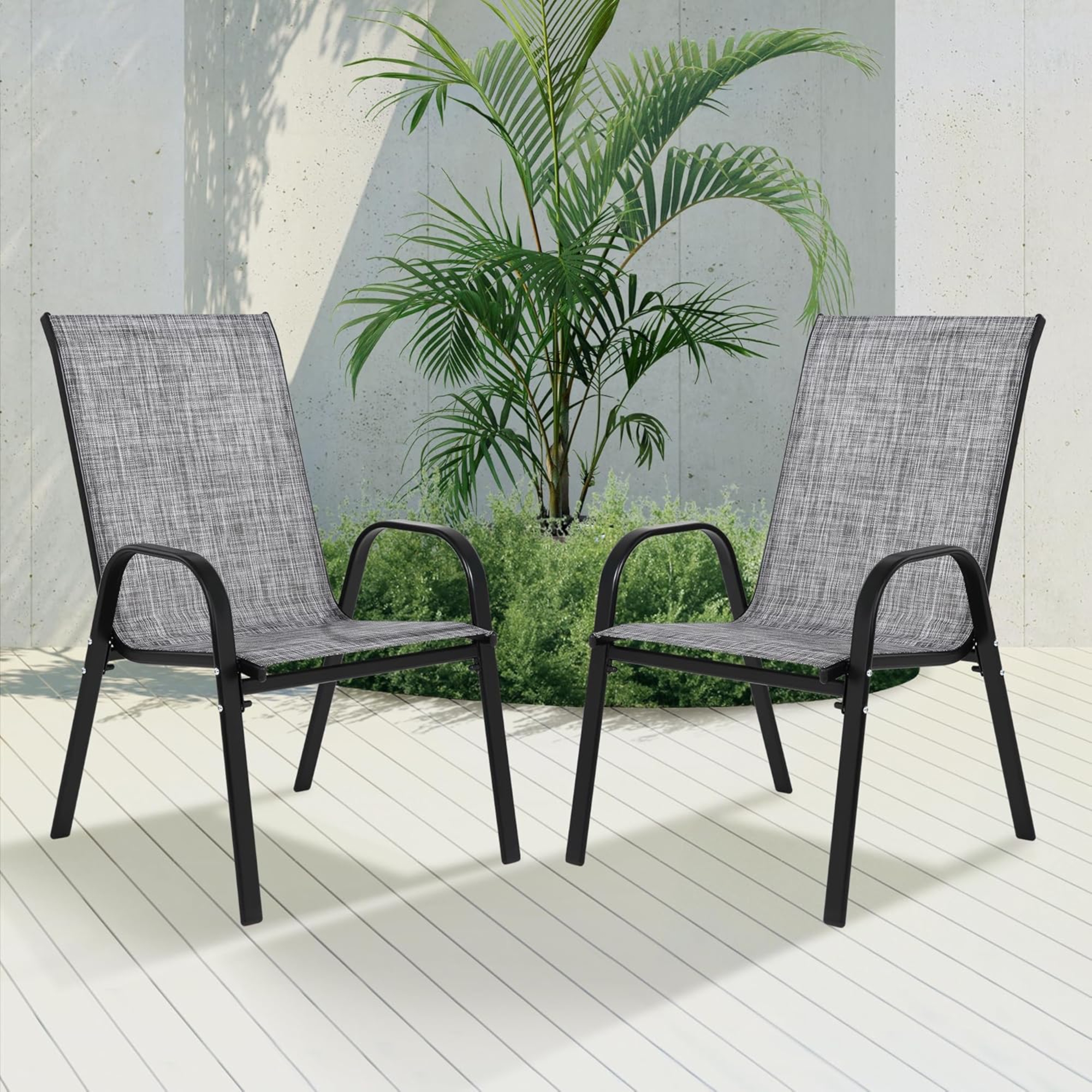 2-Piece Patio Chairs Set with Breathable Textilene Fabric, Curved Armrest, Space-Saving Outdoor Camping Chairs, 24.5" L x 24.5" W x 38" H, Gray