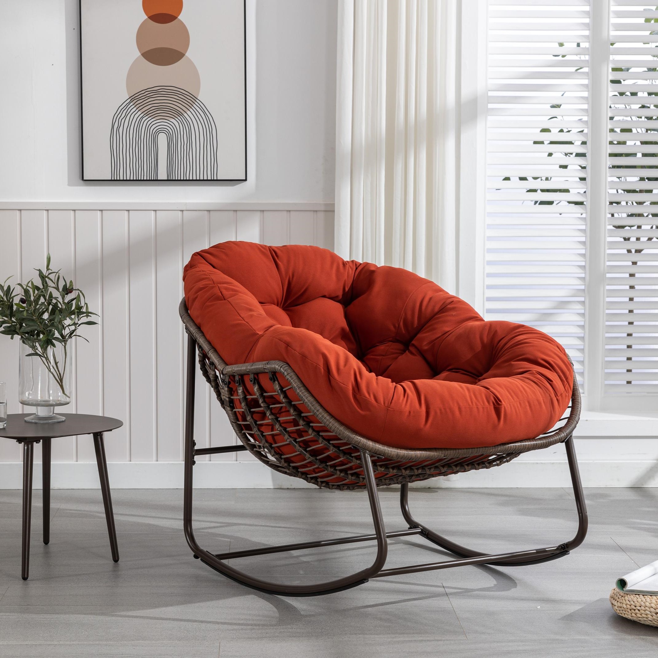 Outdoor Rattan Rocking Chair with Padded Cushion, Ergonomic Design, Steel Frame, Recliner with Hand-Woven, 44" L x 37" W x 31.5" H, Orange| Aosom.com
