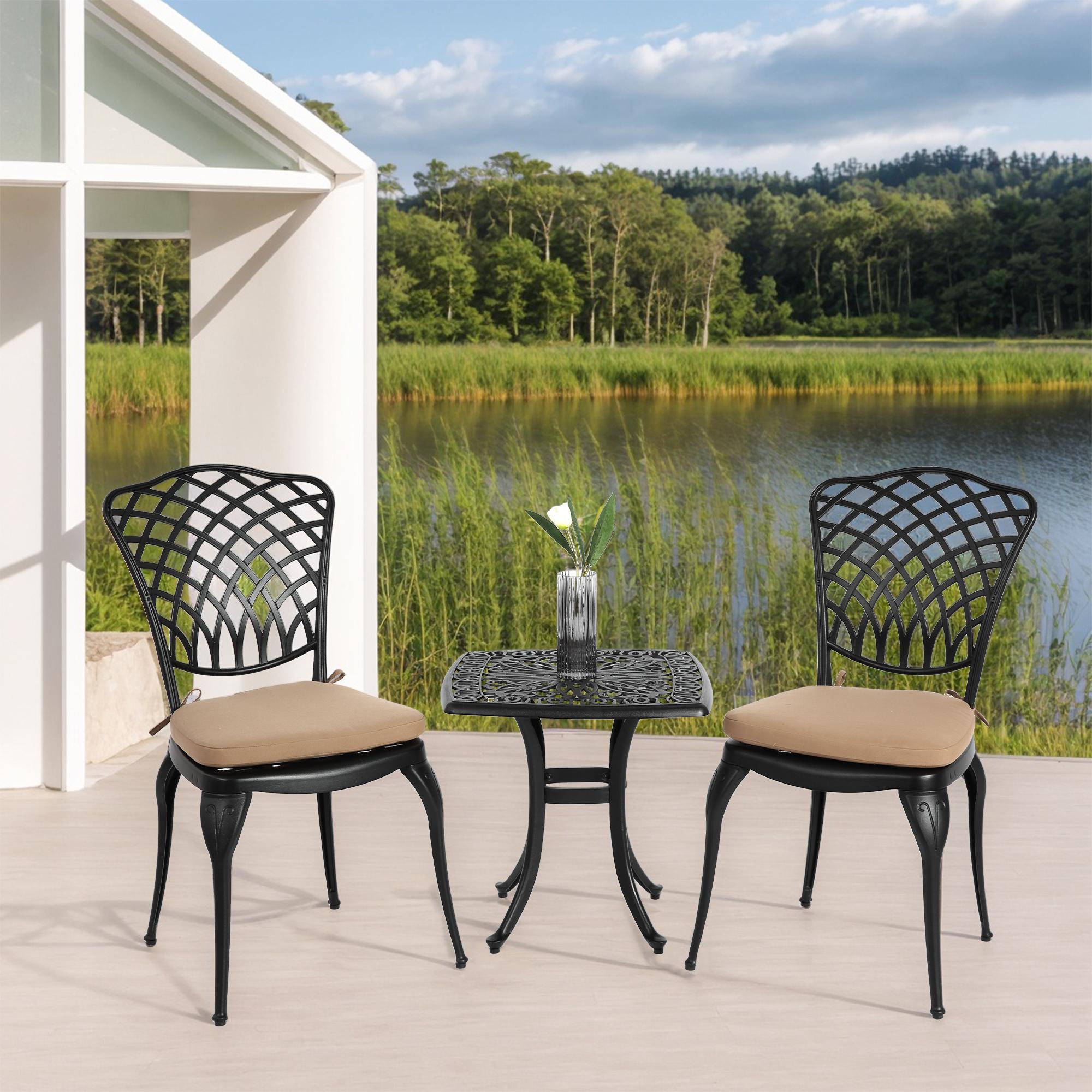 3-Piece Bistro Set with 2 Chairs and 1 Round Table, Seat Cushions, Rustproof Cast Aluminum Patio Furniture for Garden, Patio, Balcony, Black