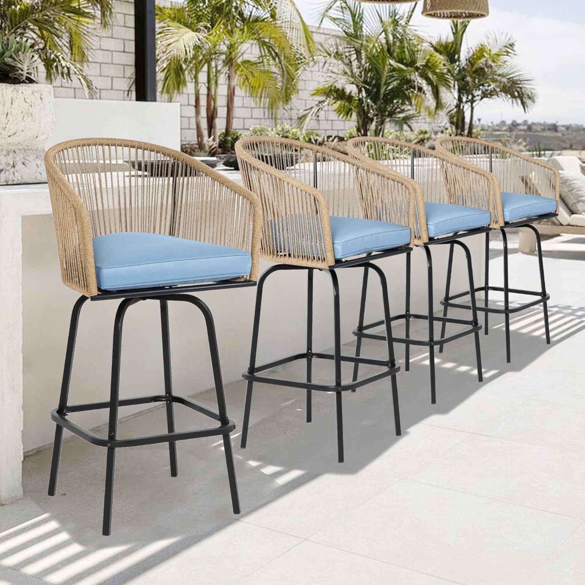 Set of 4 Outdoor Bar Stools with Armrests and Backrest, Steel Frame, All Weather Woven PE Rattan Bar Chairs, 23" L x 17.5" W x 44" H, Blue