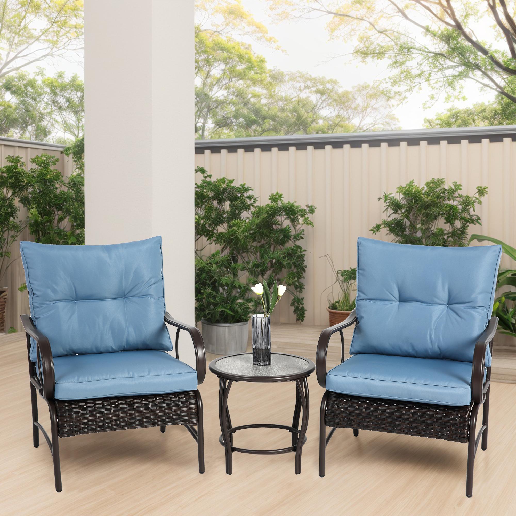 3-Piece Patio Set with Rust-Proof Steel Frame, Weather-Resistant Outdoor Wicker Furniture Set with Rattan Chairs and Coffee Table, Brown+Blue