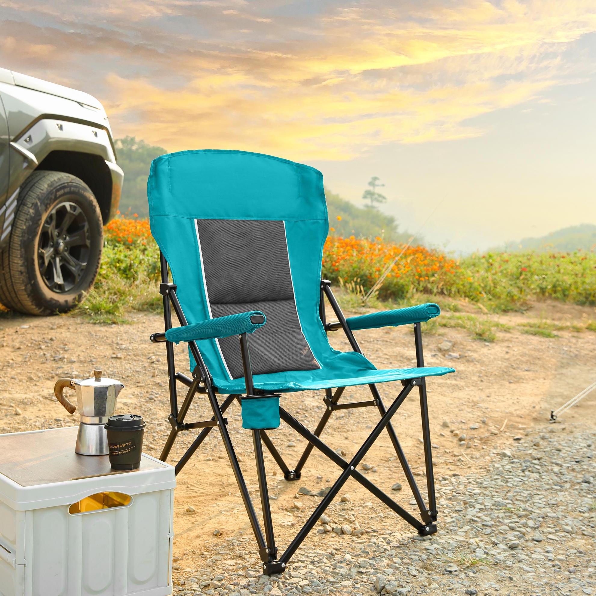 High Back Heavy Duty Lawn Chair with Cup Holder, Portable Collapsible Chair, Supports 250 lbs, Steel Frame, 22.5" L x 25.5" W x 41" H, Blue