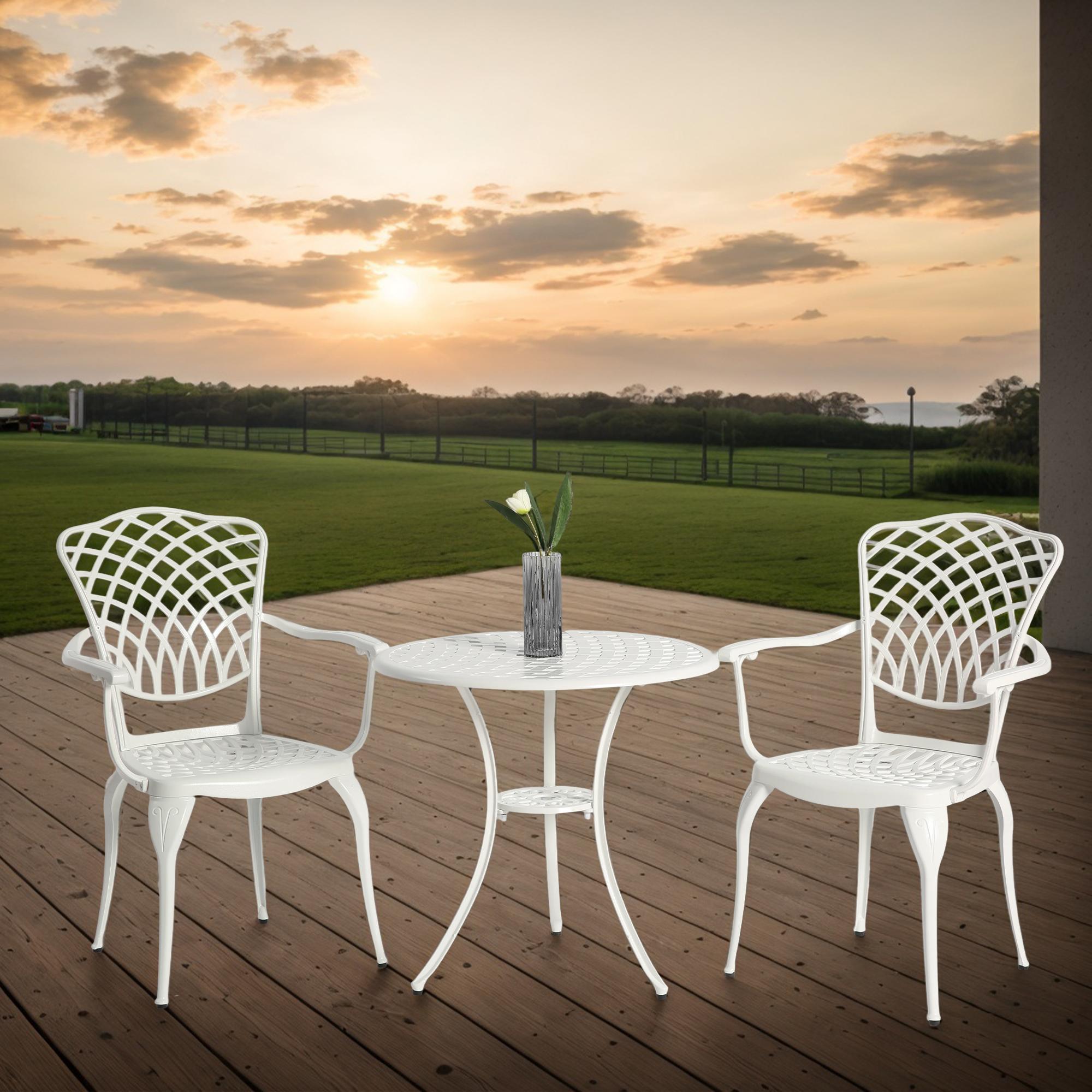 3-Piece Patio Bistro Set with Umbrella Hole and Adjustable Foot Pads, Cast Aluminum Table and Chairs with Rust-Proof Design, White| Aosom.com
