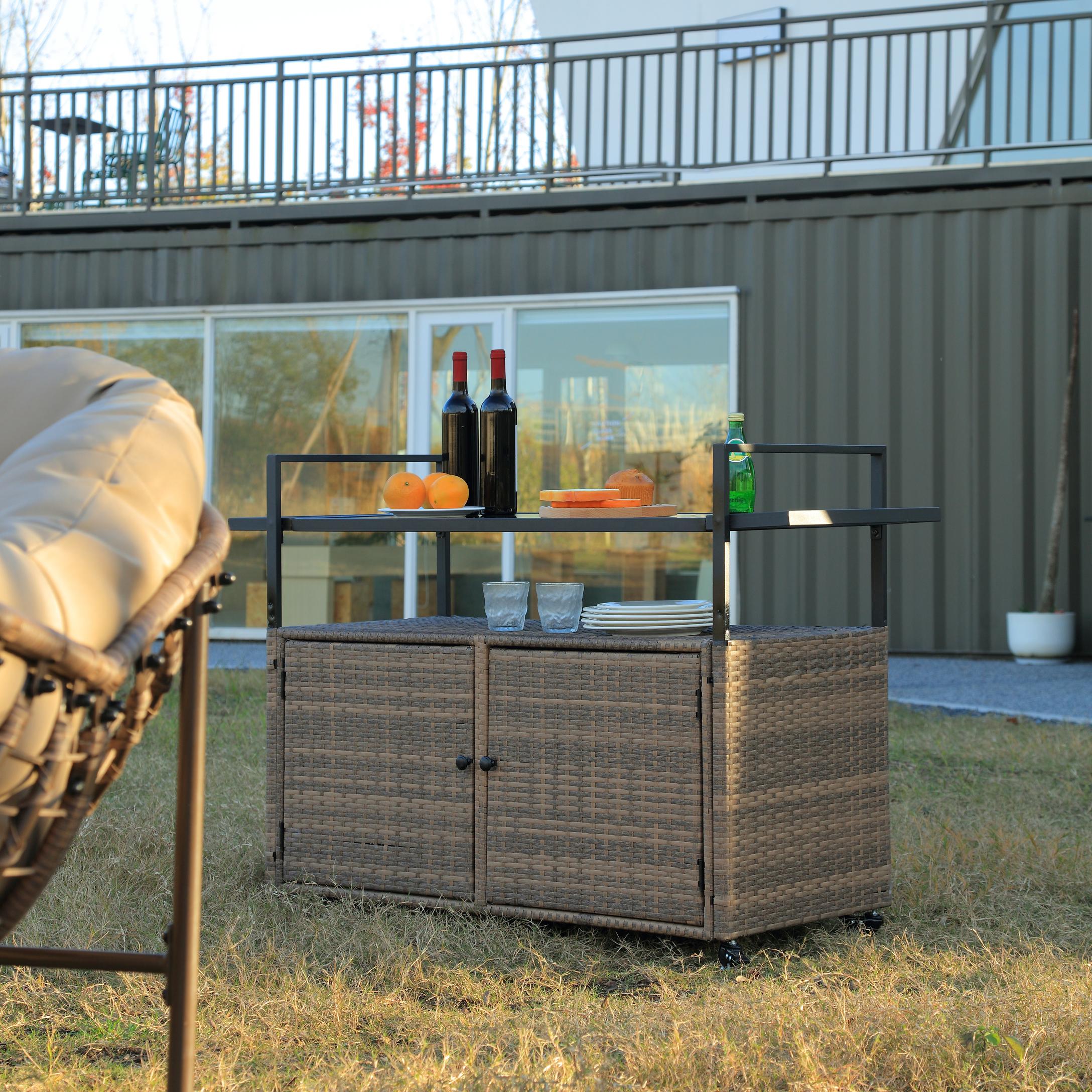 Outdoor Wicker Bar Cart with Wheels and Storage Cabinet, Patio Wine Serving Cart with Glass Top, 51" L x 20" W x 35.5" H, Light Brown| Aosom.com