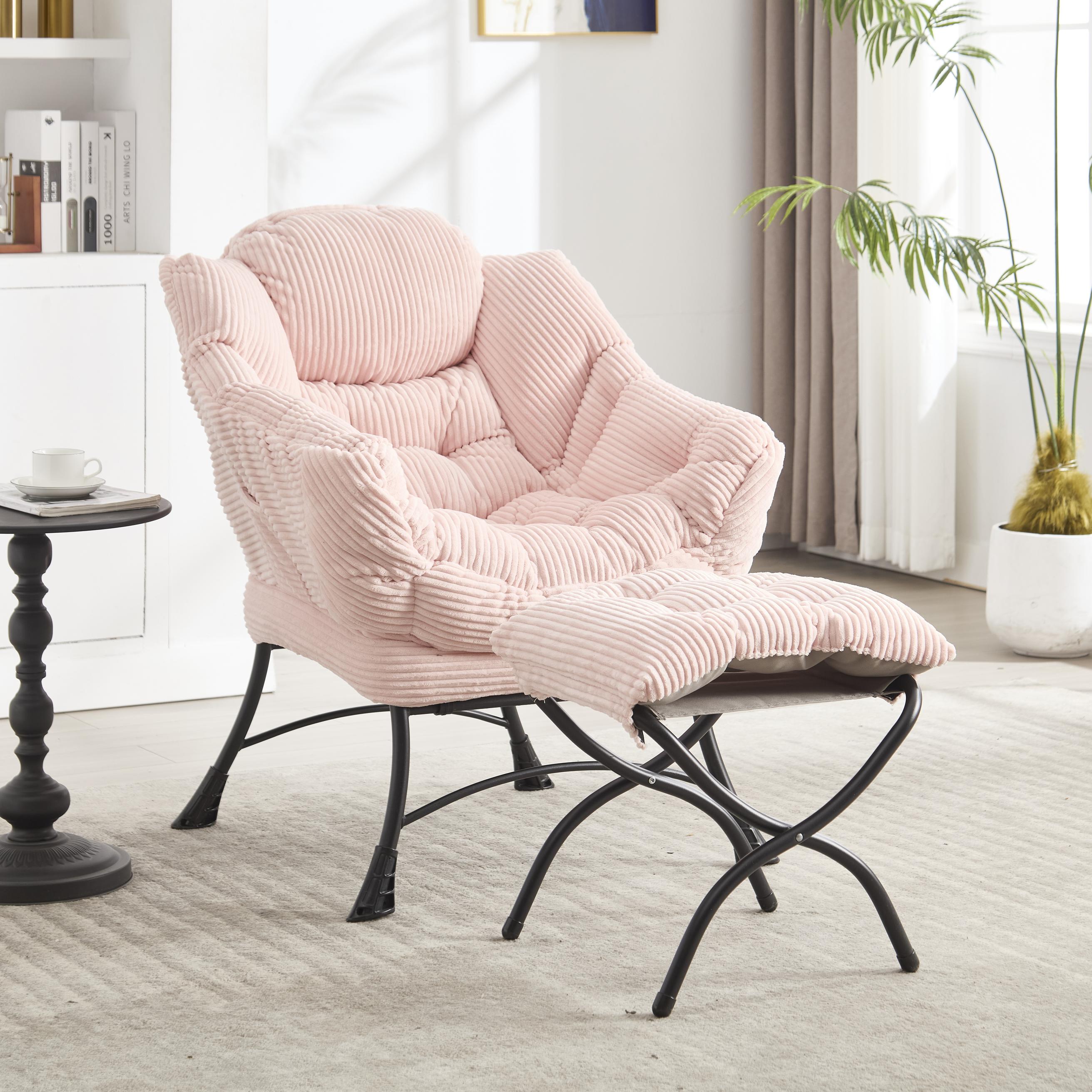 Ergonomic Lazy Chair with Ottoman, Armrests and Side Pocket, Lounge Accent Chair with Steel Frame, 31.5" L x 25" W x 37.5" H, Pink