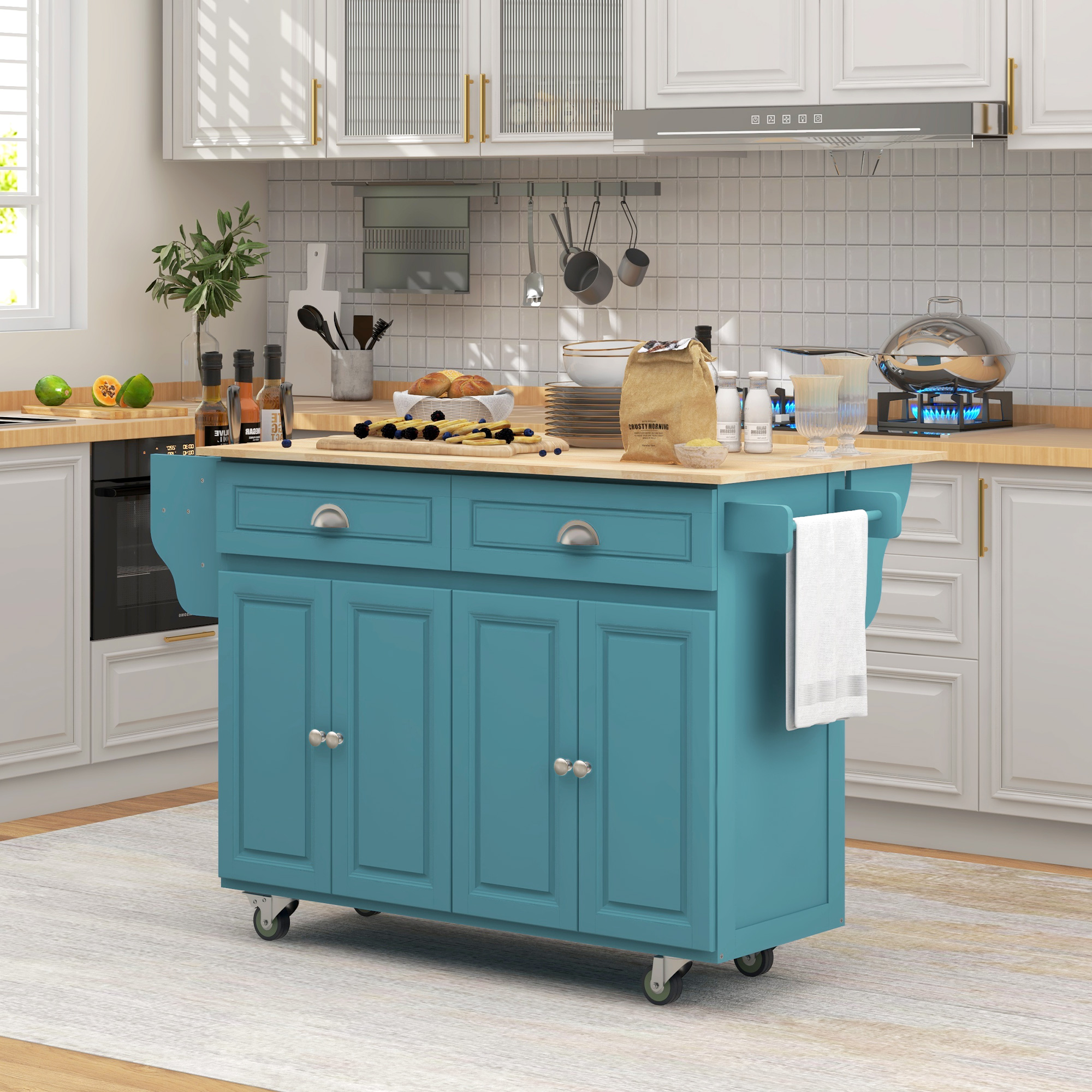 HOMCOM Kitchen Island with Storage, Rolling Kitchen Island with Drop Leaf, Rubber Wood Top and Adjustable Shelves, Light Blue Aosom Canada