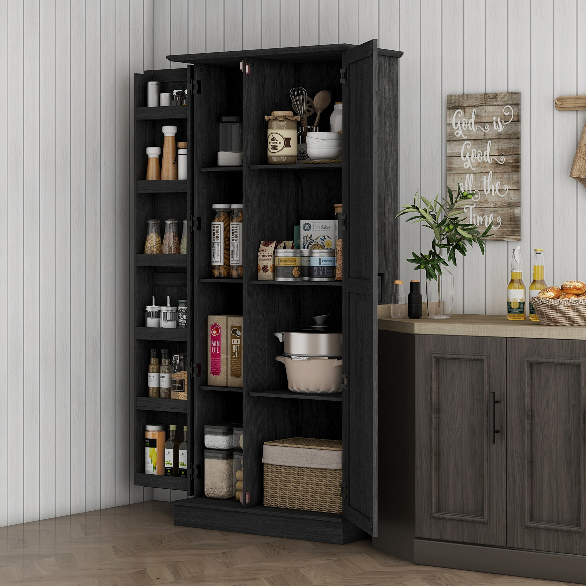 HOMCOM 70" Tall Kitchen Pantry Cabinet with Door Shelves and Adjustable Shelves, Black Wood Grain Aosom Canada