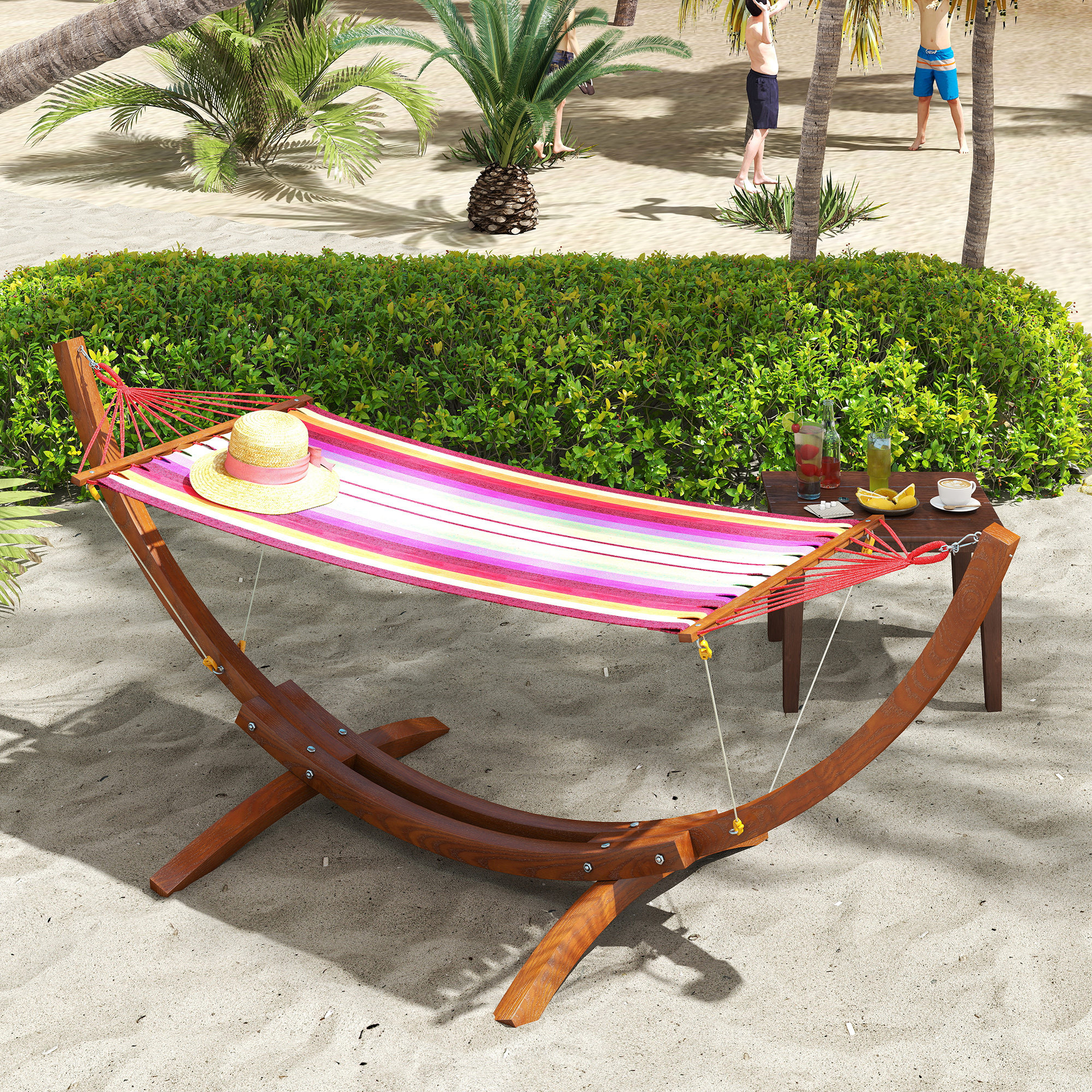 ◆つむぎ◆ Outsunny 10' Wood Outdoor Hammock, Hammock with Stand