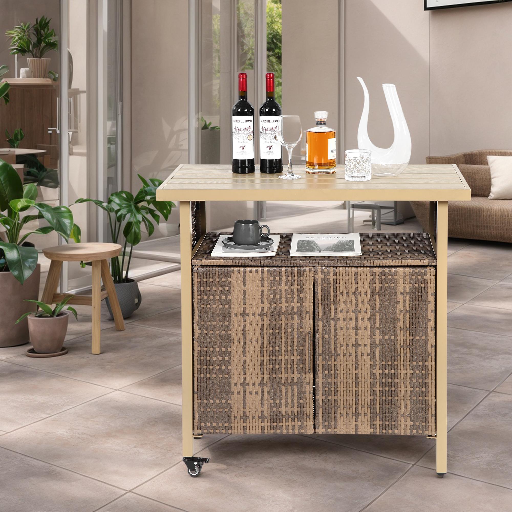 Outdoor Wicker Bar Cart with Plastic Wood Tabletop, 4 Wheels, Rolling Rattan Beverage Bar Counter Table, 35.5" L x 19.5" W x 35.5" H, Light Brown