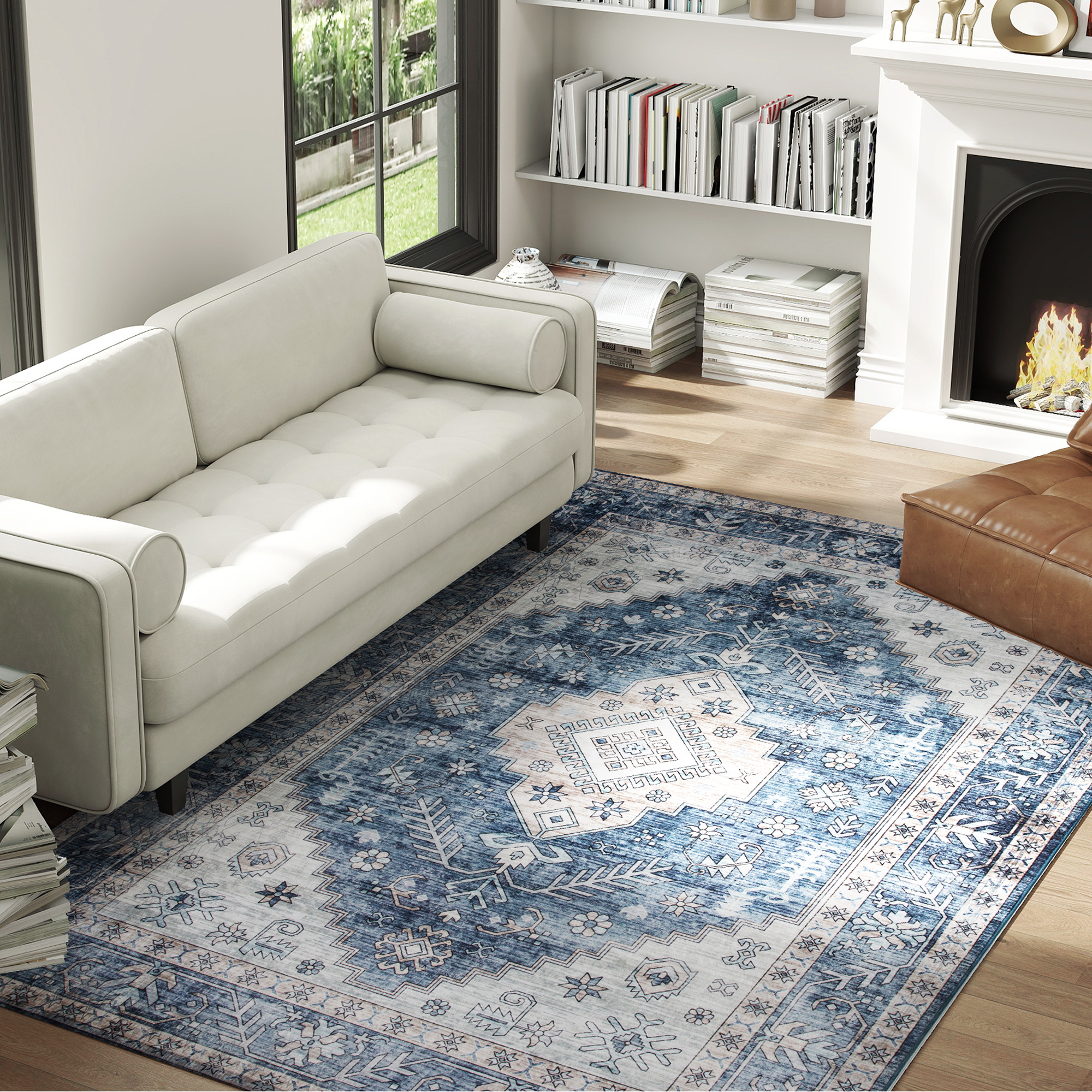 HOMCOM 5x7 Area Rug, Vintage Machine Washable Rug, Non-Slip Floor Carpet for Living Room, Bedroom, Dining Room, Blue Aosom Canada