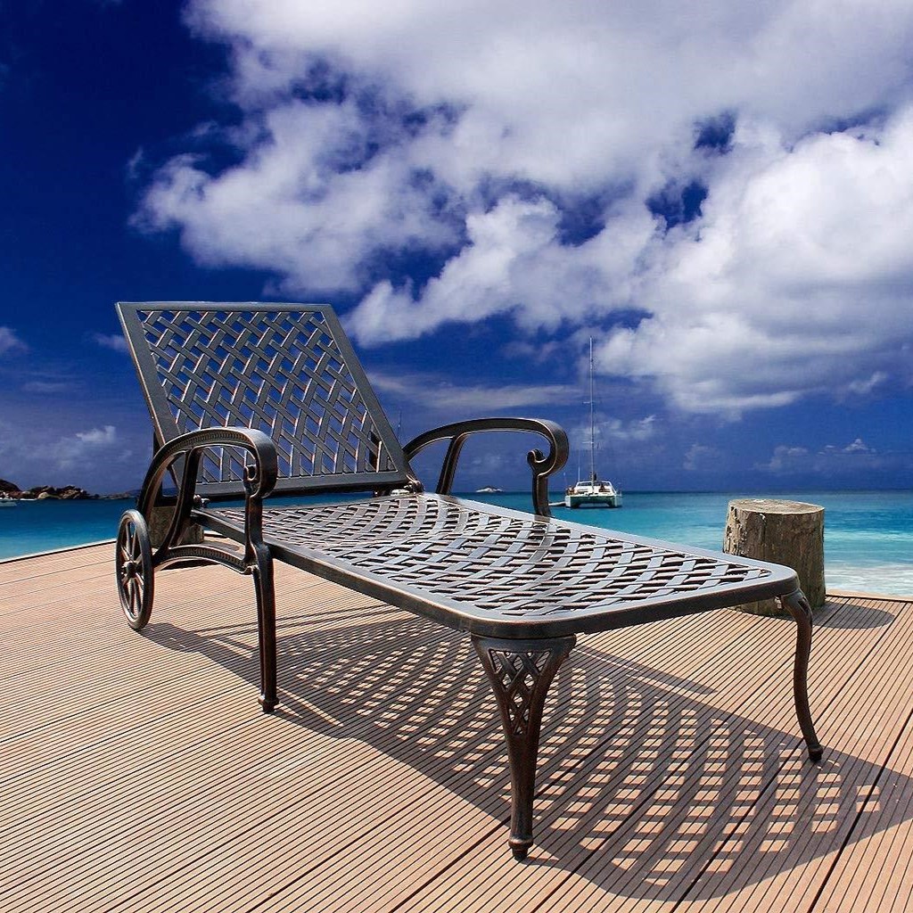 Reclining Aluminum Cast Lounge Chair with Bronze Finish, Adjustable Backrest, Wheels and Cross Weave Design, 48" L x 22.5" W x 36" H, Brown