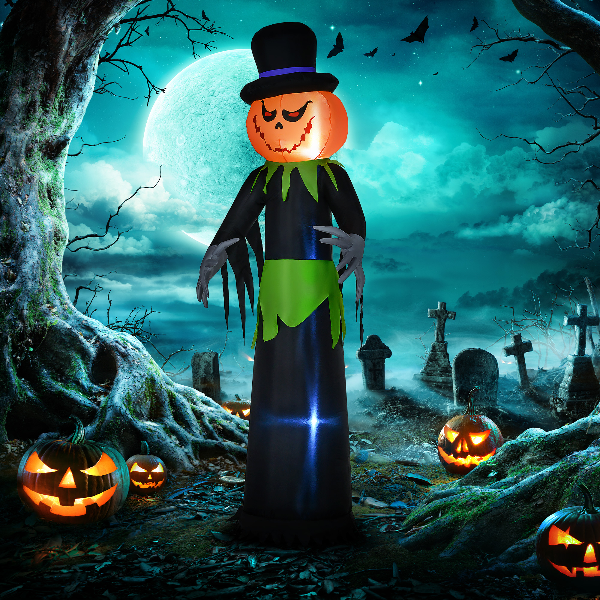 Outsunny 8ft Halloween Inflatable Pumpkin Head Ghost in A Hat, Outdoor Blow-Up Decoration with LED Lights for Yard Display | Aosom Canada