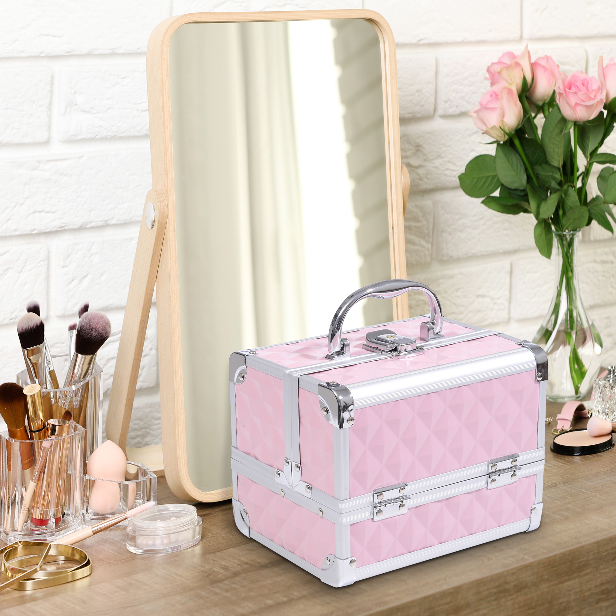 HOMCOM Cosmetic Train Case 3 Tier Diamond Texture Organizer with Mirror Portable Pink 8"x6"x6" Aosom Canada