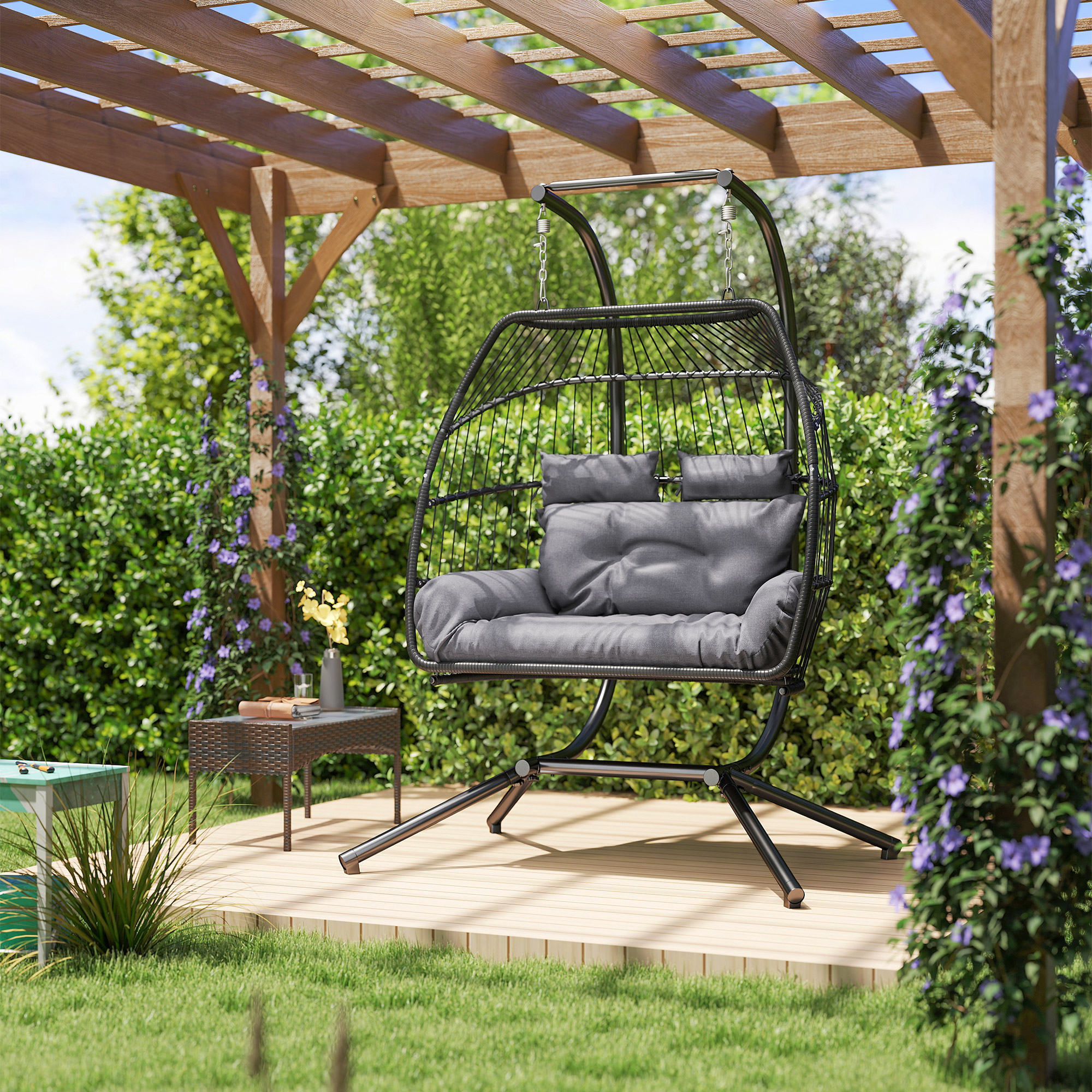 Outsunny Double Wicker Egg Swing Chair with Stand, Foldable