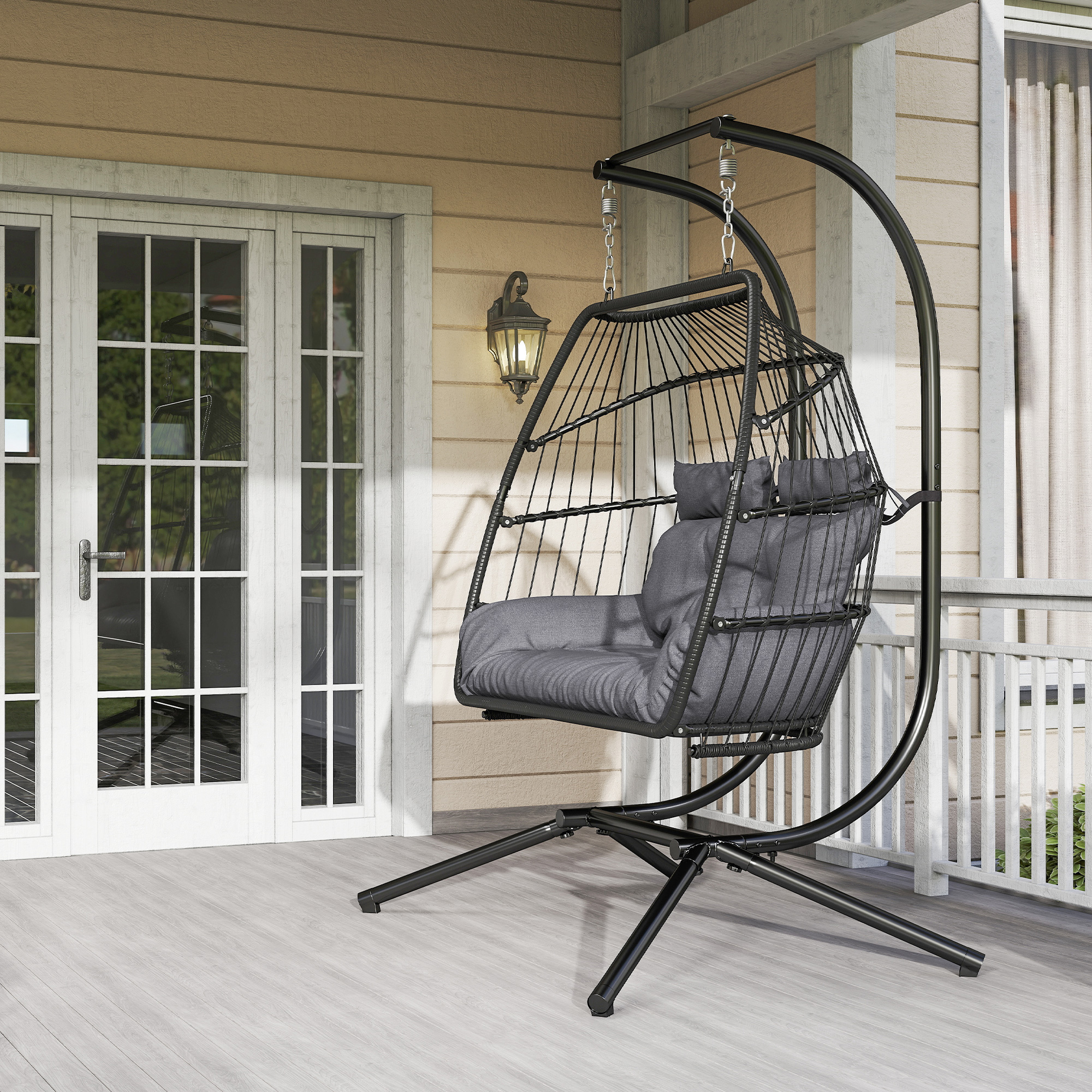 Outsunny Double Wicker Egg Swing Chair with Stand, Foldable