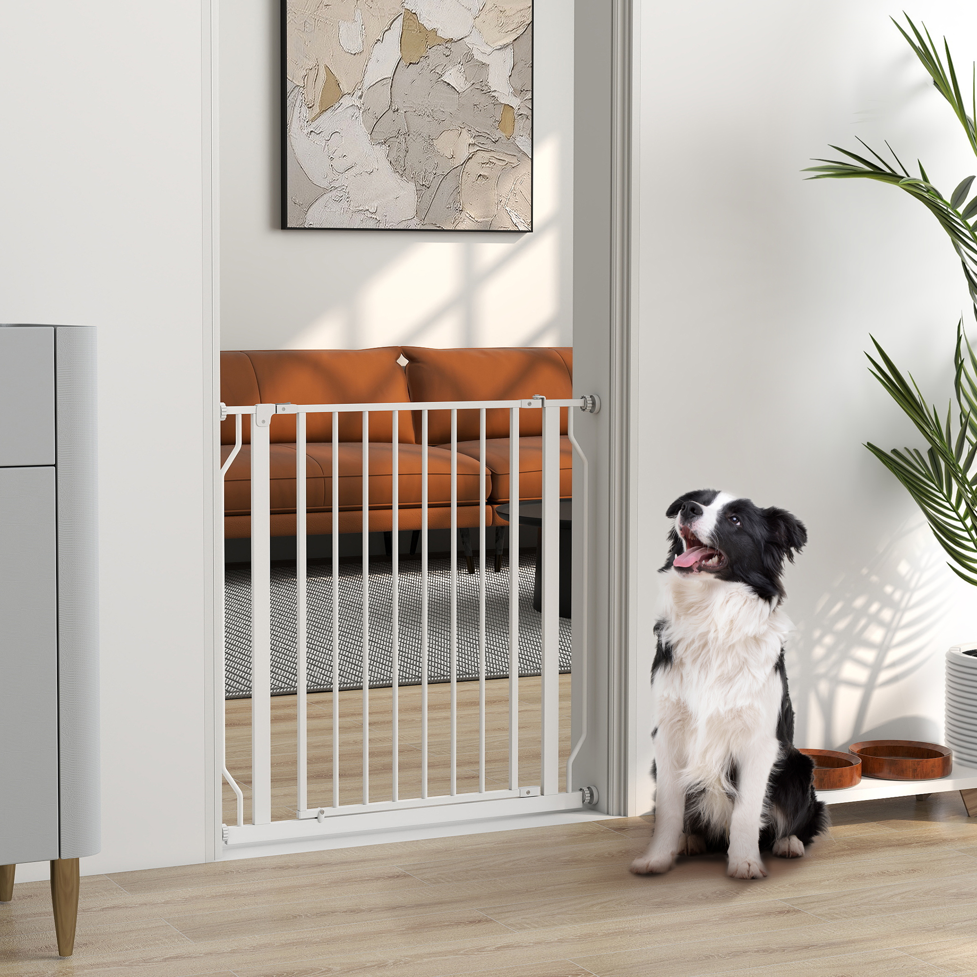 PawHut 30-34 Inch Easy Install Extra Wide Double Lock Dog Gate with Door for Stairs Hallways White Aosom Canada