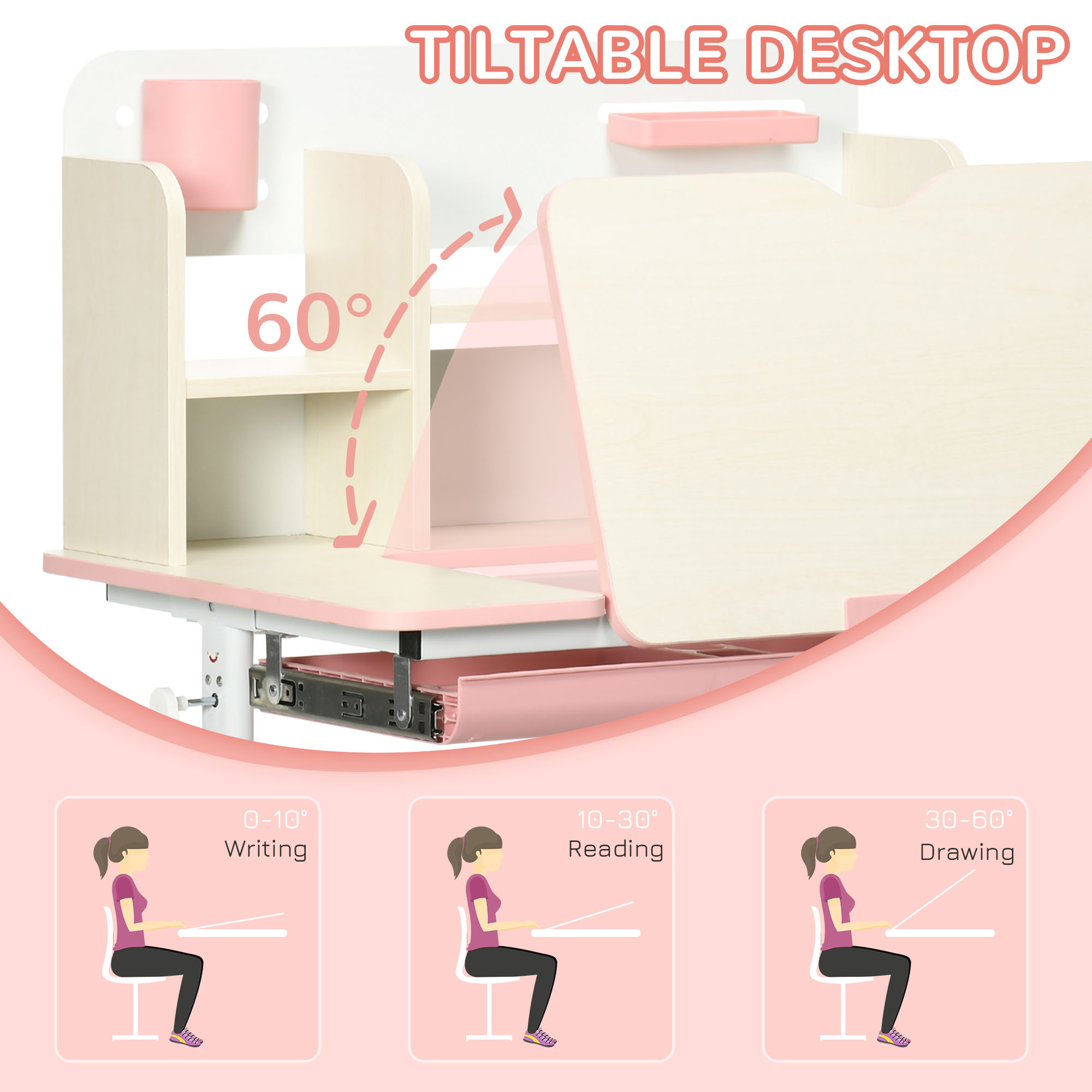 Qaba Kids Desk, Height Adjustable Children School Study Table, Student ...