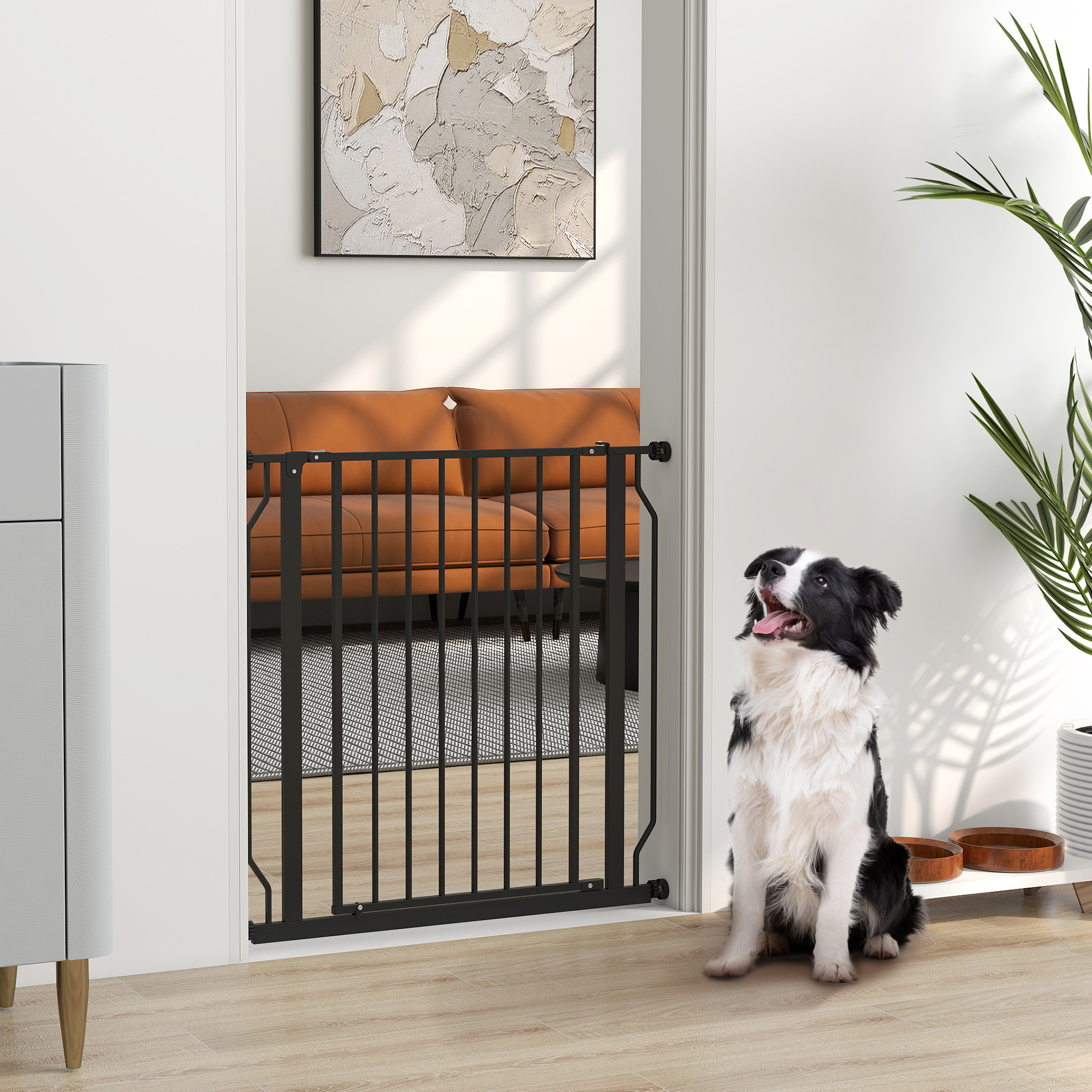 PawHut 30-34 Inch Easy Install Extra Wide Double Lock Dog Gate with Door for Stairs Hallways Black Aosom Canada