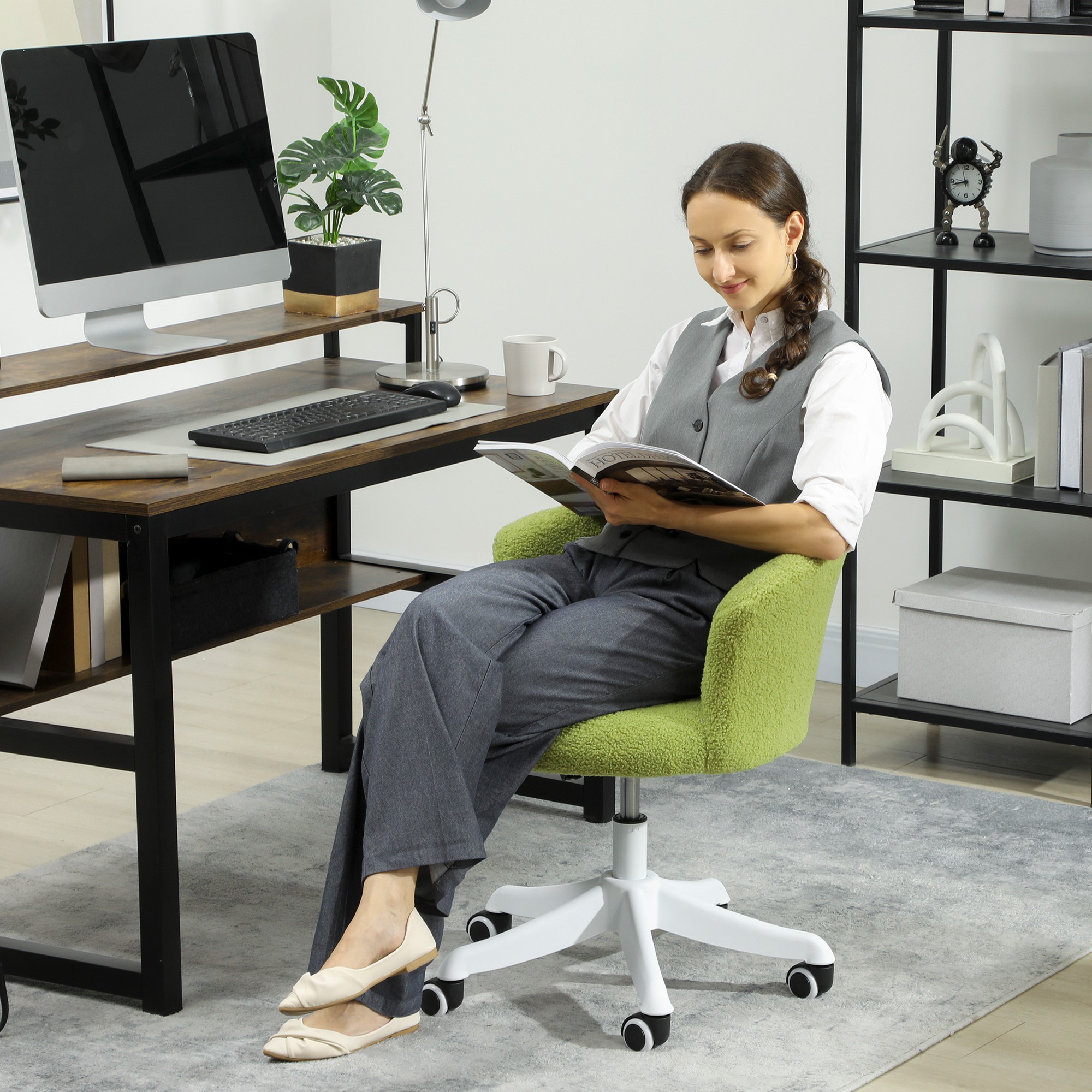 Vinsetto Desk Chair, Fluffy Computer Desk Chair with Adjustable Height, Swivel Wheels, Mid Back, Light Green Aosom Canada