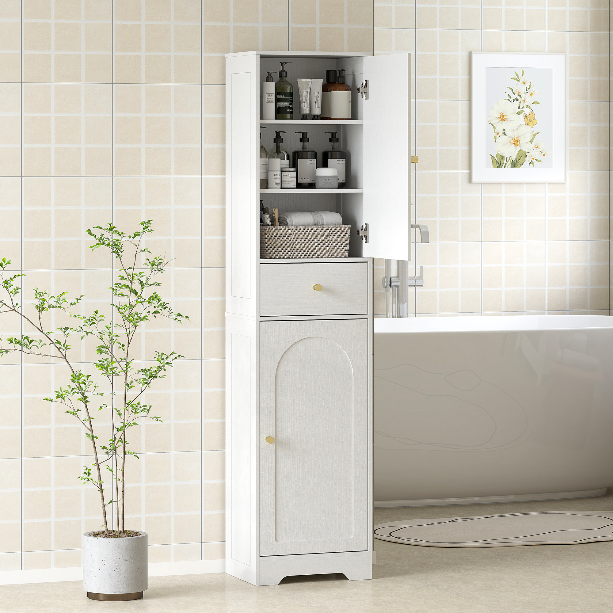 HOMCOM 67" Tall Bathroom Cabinet, Slim Bathroom Storage Cabinet with 2 Doors, Drawer and Adjustable Shelf, White Wood Grain Aosom Canada