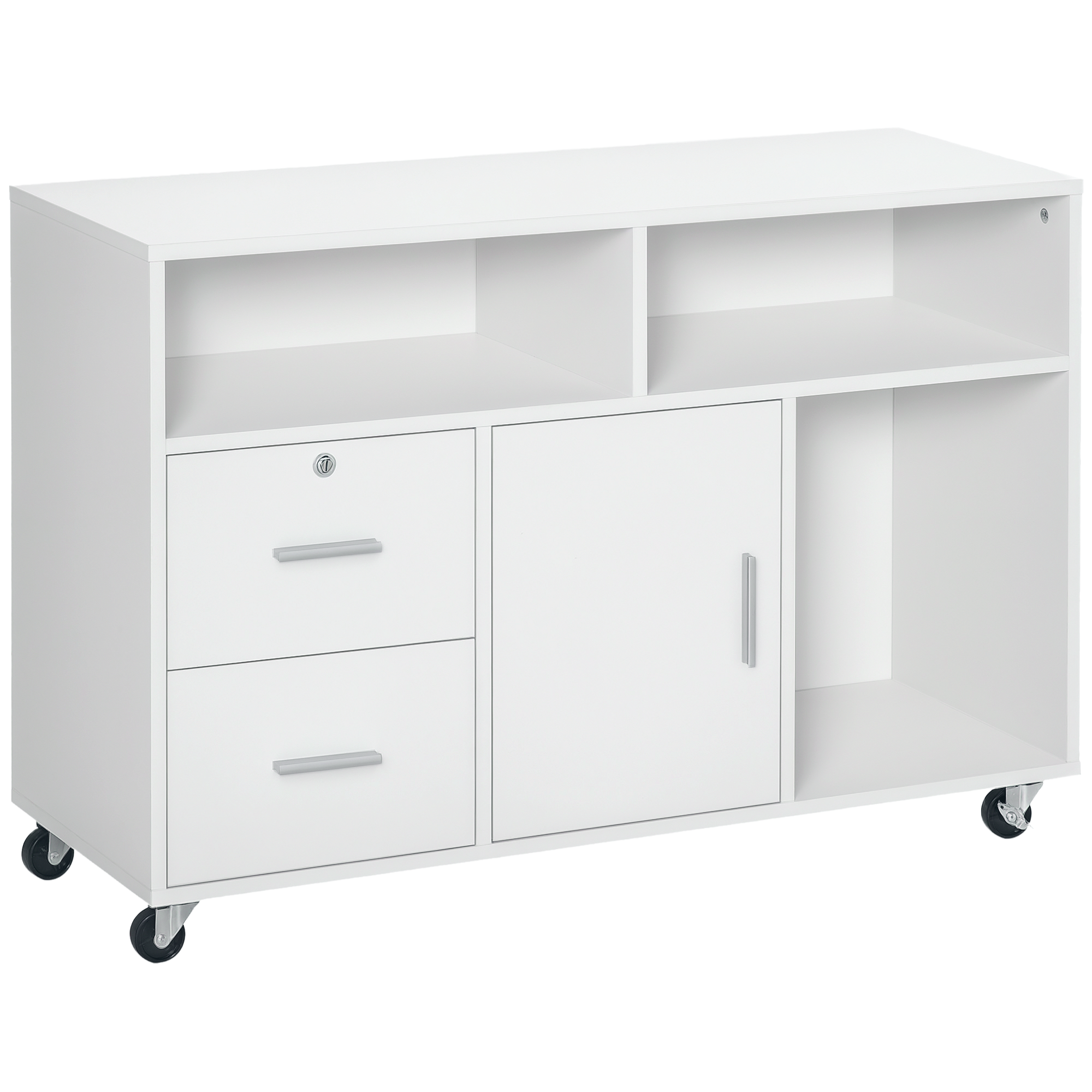 Print Stand Home Workspace Rolling File Organizer Unit with Castors, Lateral Document Organizer Unit with Open Organizer Shelving, Lockable Organizer Drawer, White 1