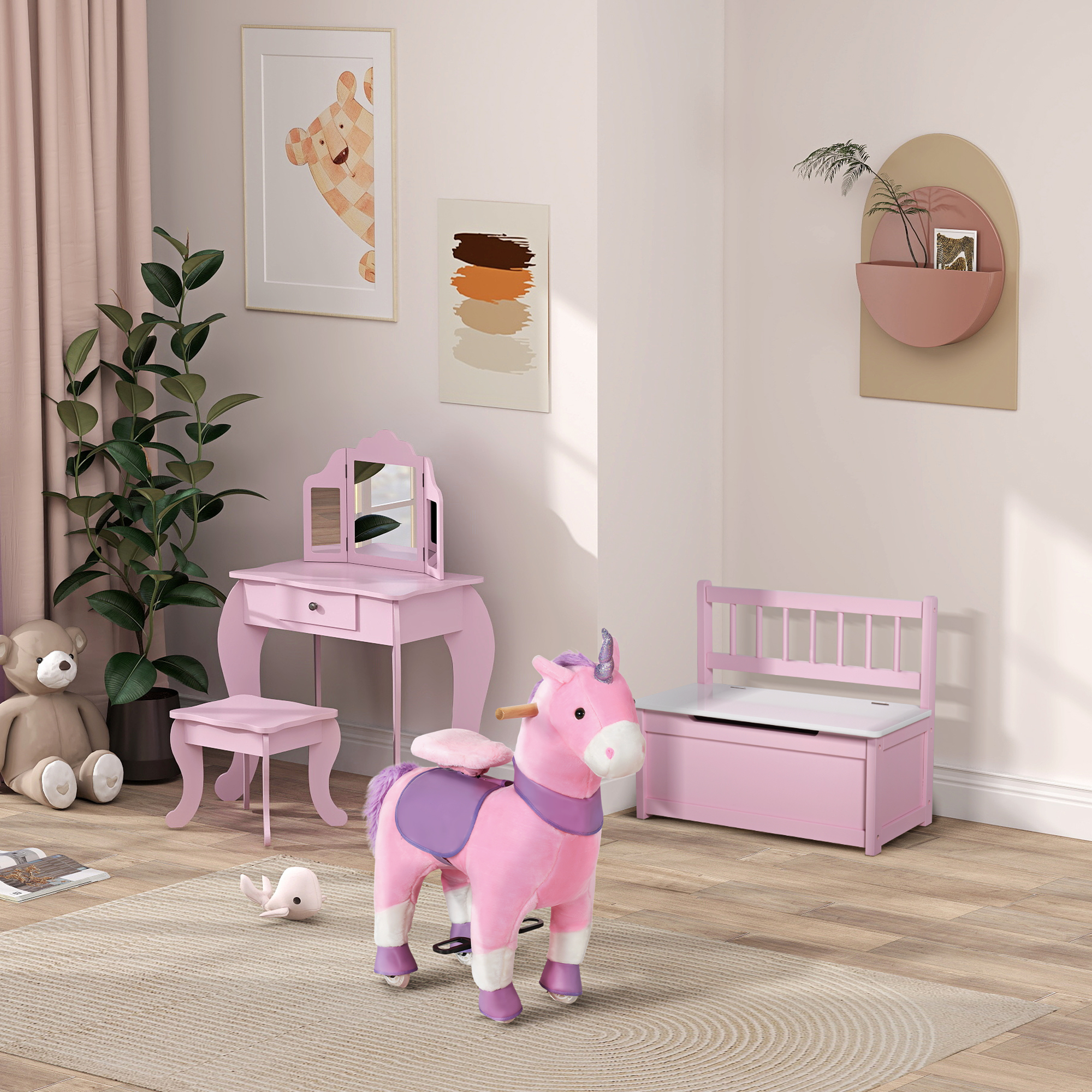 Qaba Kids Vanity Table & Stool Girls Dressing Set Make Up