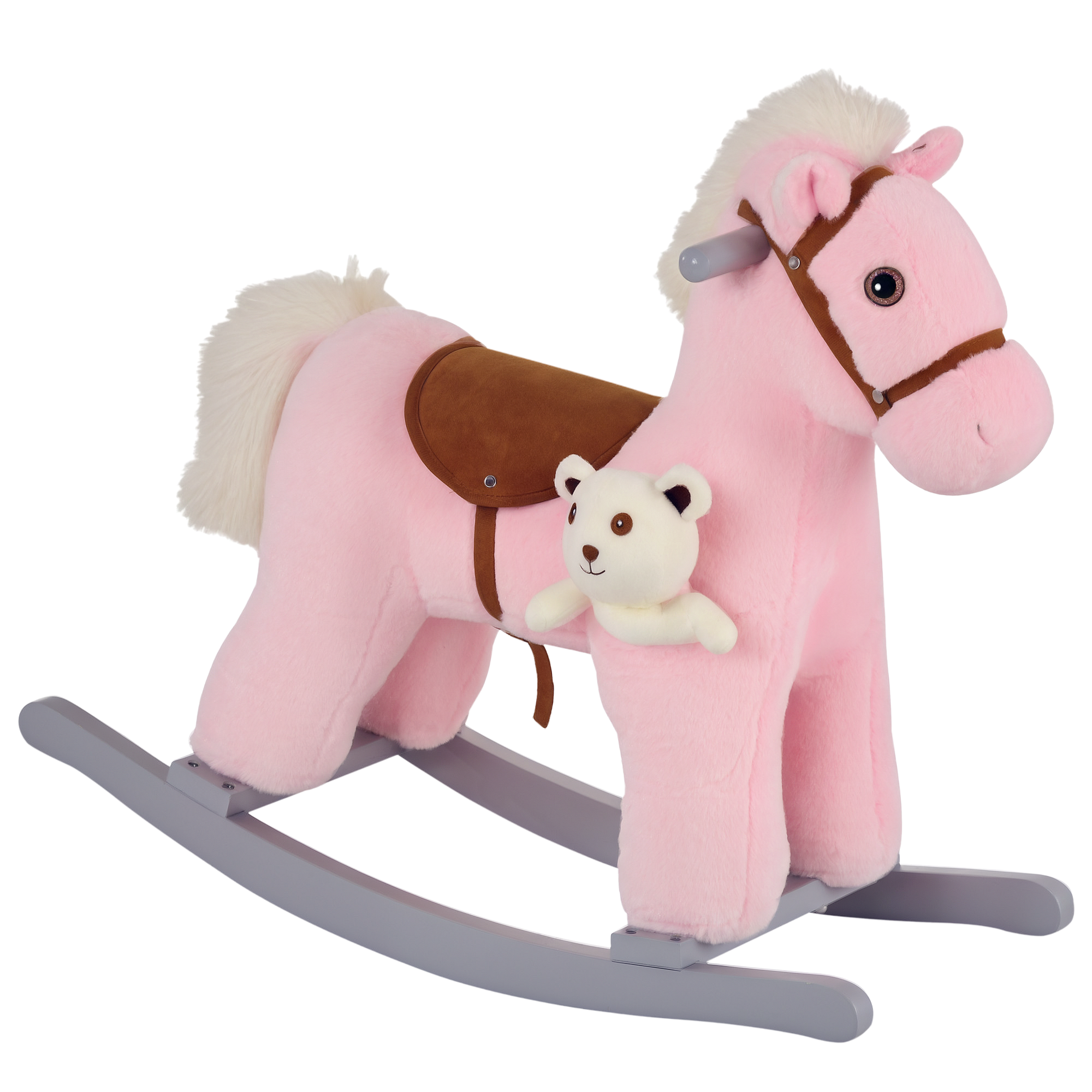 Qaba Kids Plush Ride-On Rocking Horse with Bear Toy, Children Chair with Soft Plush Toy & Fun Realistic Sounds, Pink